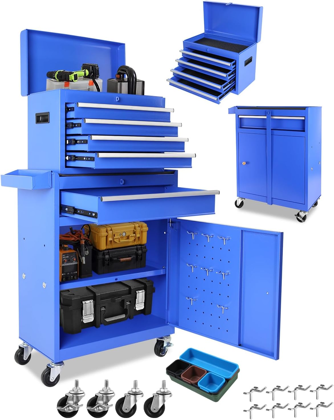 2 in 1 Tool Chest with 8 Drawers, Tool Cart with 7 Organizer Tray Divider Set & Wheels, Large Rolling Tool Box Organizer for Garage, Workshop, Home Crafts
