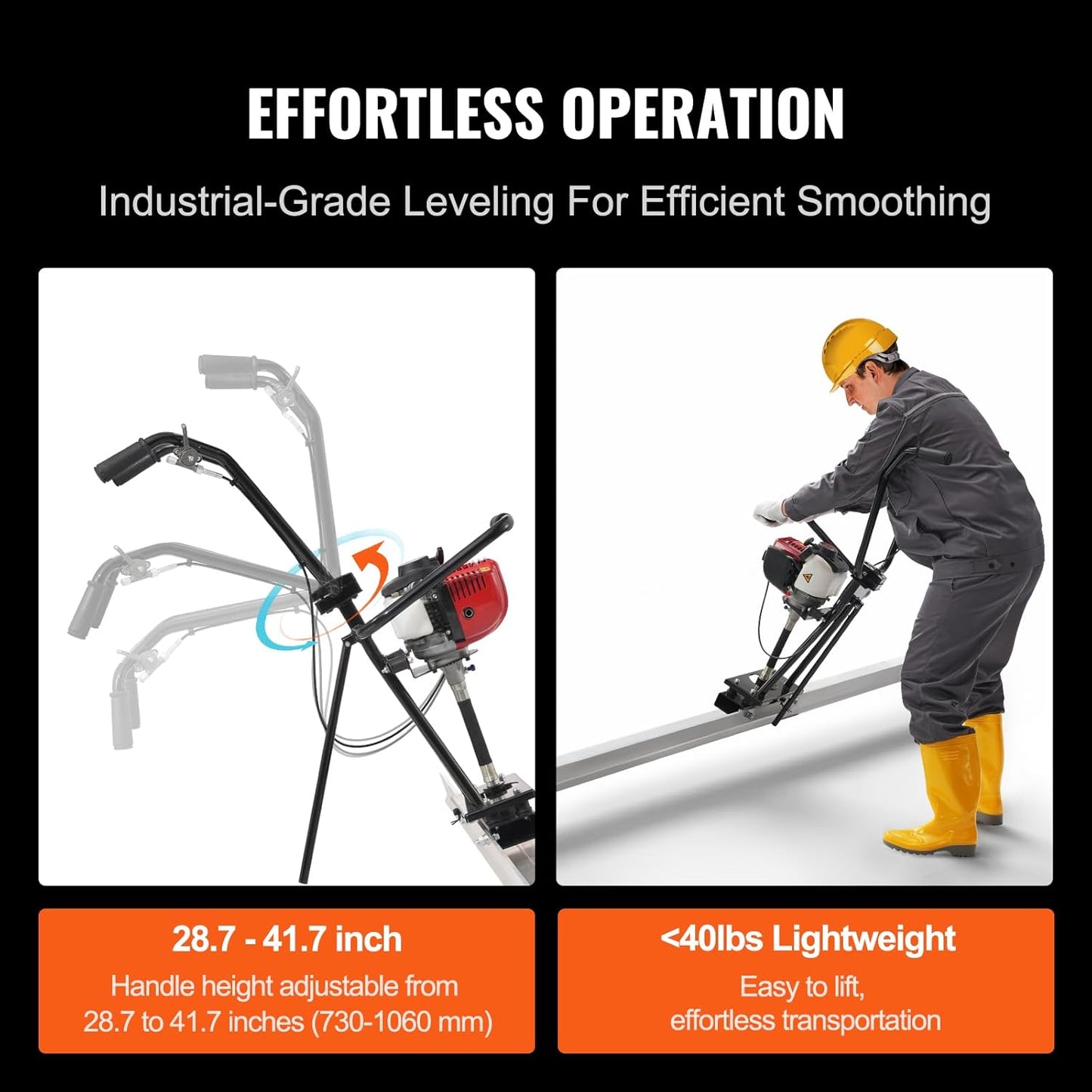 VEVOR Concrete Power Screed, 11ft Aluminum Board Straight Edge Bar Set, 4 Stroke Cement Finishing Vibrating Motor with Height Adjustable Handles, High Efficient Concrete Tools 6500RPM