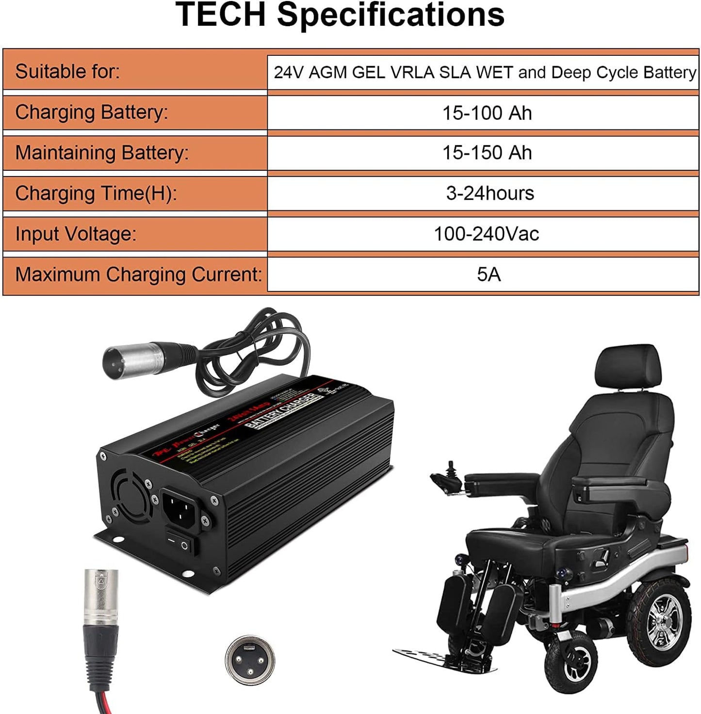 TPE 24V 5A Battery Charger, Automatic Smart Battery Charger, Trickle Charger Maintainer for Wheelchair