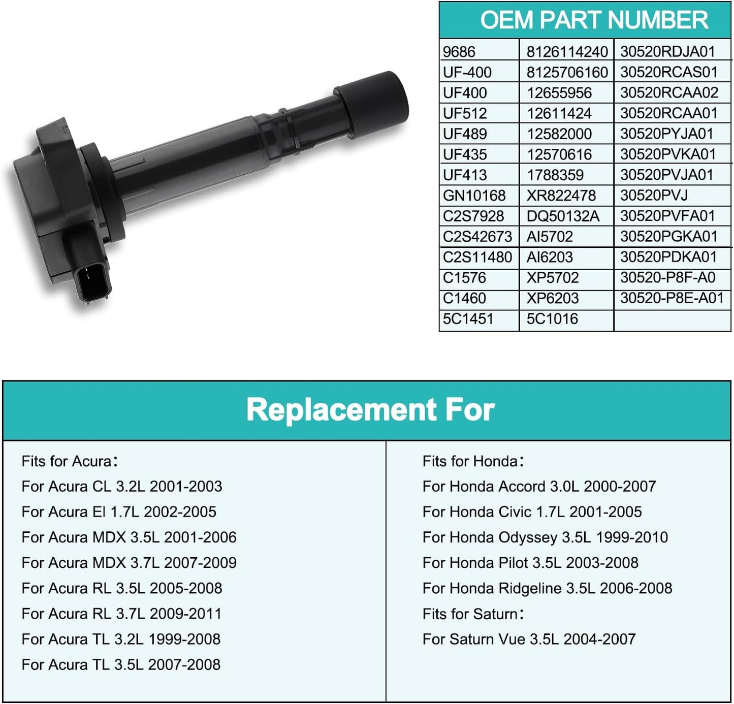6 PCS UF400 UF512 Ignition Coil Pack (3.5 3.7 V6) Fits for Acura MDX Honda Ridgeline Pilot Saturn vue 2001 2002 2003 2004 2005 2006 2007 2008 2009 Replaces# C1460 12582000 30520PDKA01