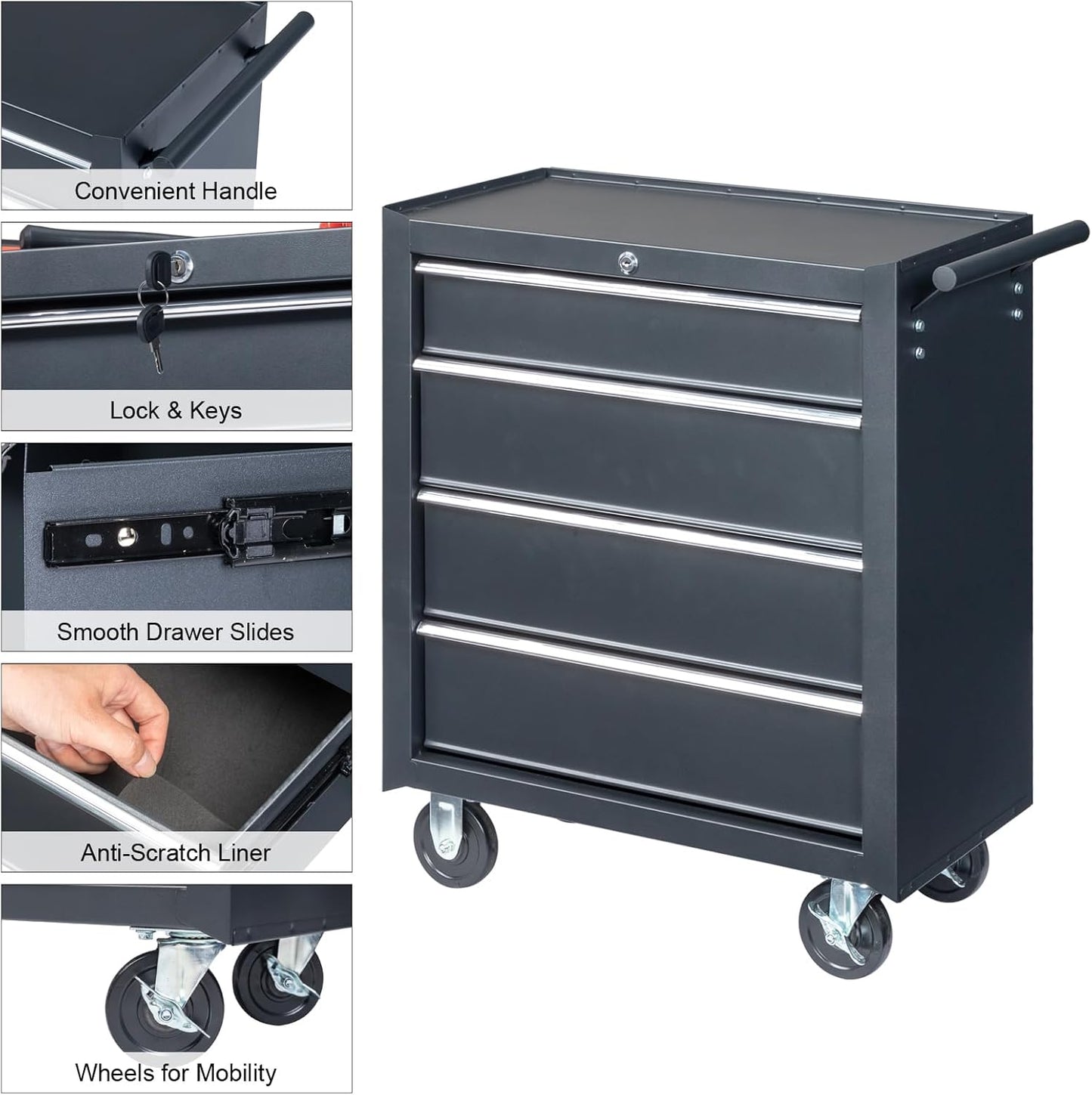 Winado 4-Drawer Tool Chest with Wheels & Lock & Key, Heavy Duty Cart Rolling Tool Box on Wheels, Metal Storage Cabinet, Rolling Tool Cart with Drawers for Garage, Warehouse & Repair Shop