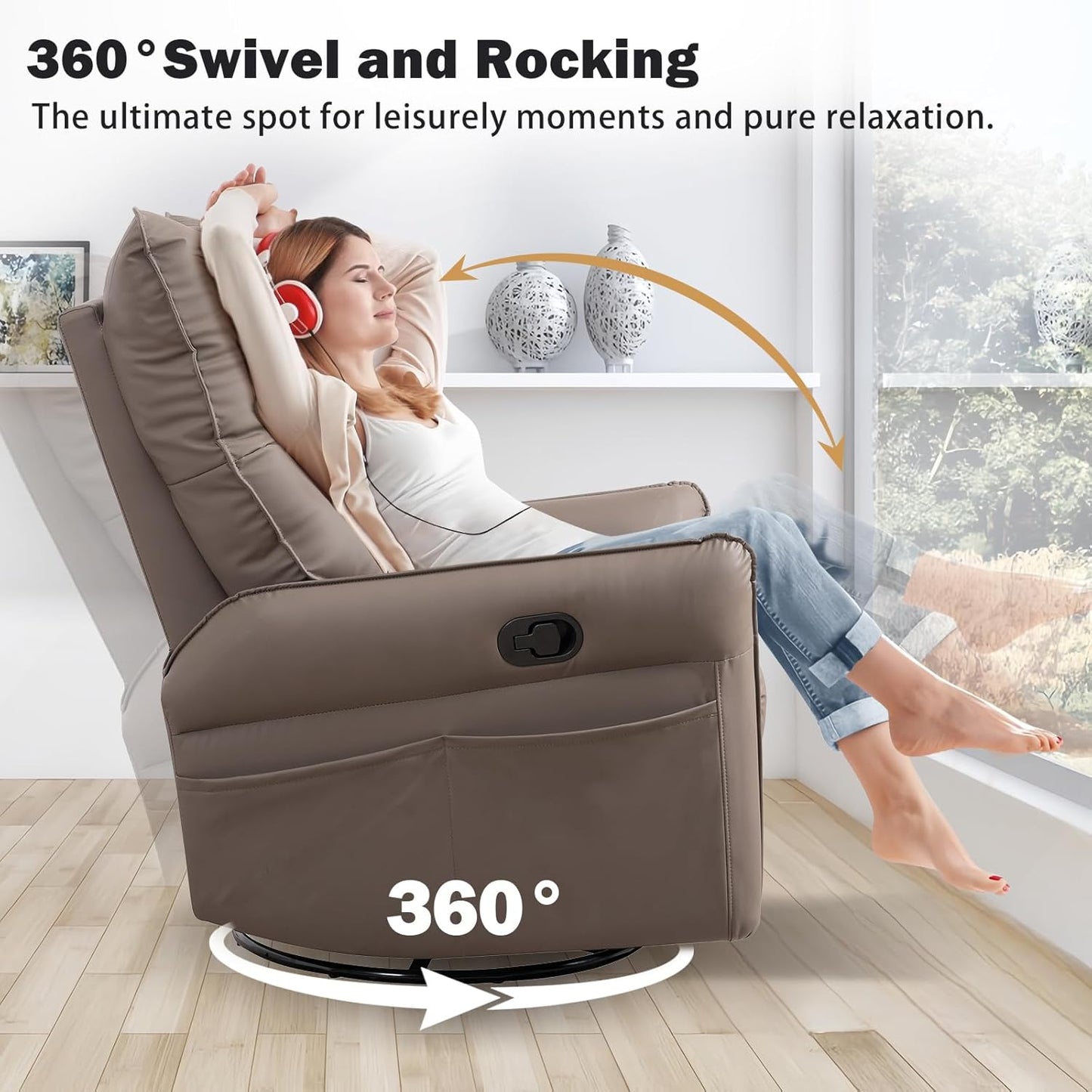 Swivel Rocker Recliner Chair, Modern Faux Leather Manual Recliner, Glider Recliner, 360 Swivel, 30 Rocking, Relaxing, Living Room, Bedroom