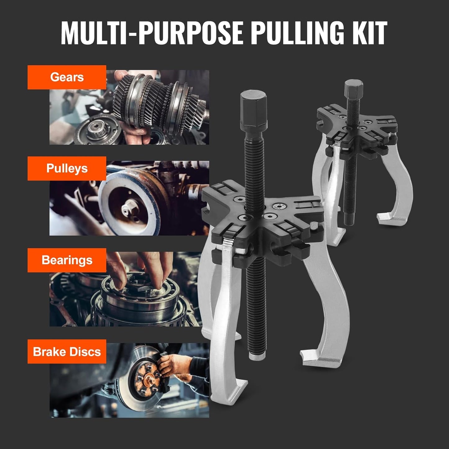 VEVOR Gear Puller Set, 3" and 7" Puller Kit, 3 Jaw Gear Bearing Flywheel Pulley Removal Tool, 2 or 3 Reversible Jaws Wheel Puller, Vertically and Horizontally, External and Internal, 2-Piece