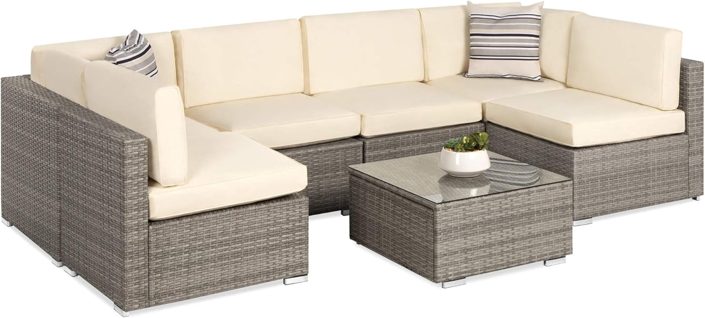 Best Choice Products 7-Piece Modular Outdoor Sectional Wicker Patio Conversation Set w/ 2 Pillows, Coffee Table, Cover Included - Gray/Gray