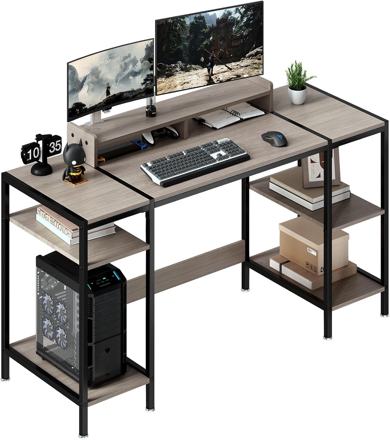 55 inch Grey Computer Desk Gaming Desk with Monitor Stand, Home Office Desk for 2 Monitors, Writing Desk with Adjustable Storage Space,Sturdy and Durable Modern Small Desk