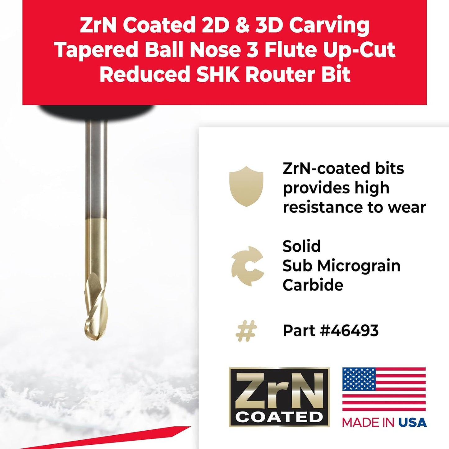Amana Tool Extra Long CNC 2D and 3D Carving Ball Nose 0.10 Deg Straight Router Bit, ZrN Coated, 46493, 1/2 Dia x 1/4 Rad x 1 x 1/2 Shk x 6 L x 3 Fl