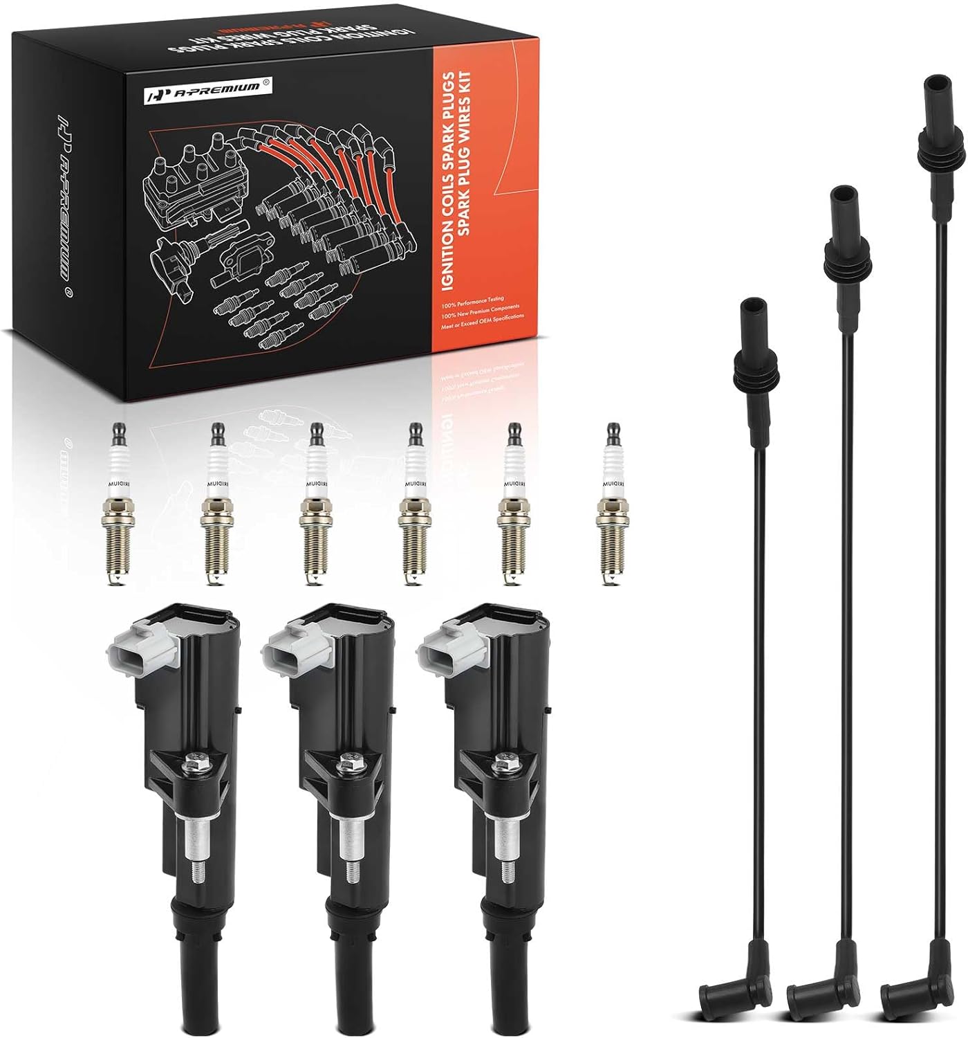 A-Premium 3 Red Ignition Coils with 3 Spark plug Wires Compatible with Dodge Durango, Nitro & Jeep Commander XK, Grand Cherokee WK, Liberty KK & Mitsubishi Raider & Ram Dakota, 1500, V6 3.7L 2009-2012