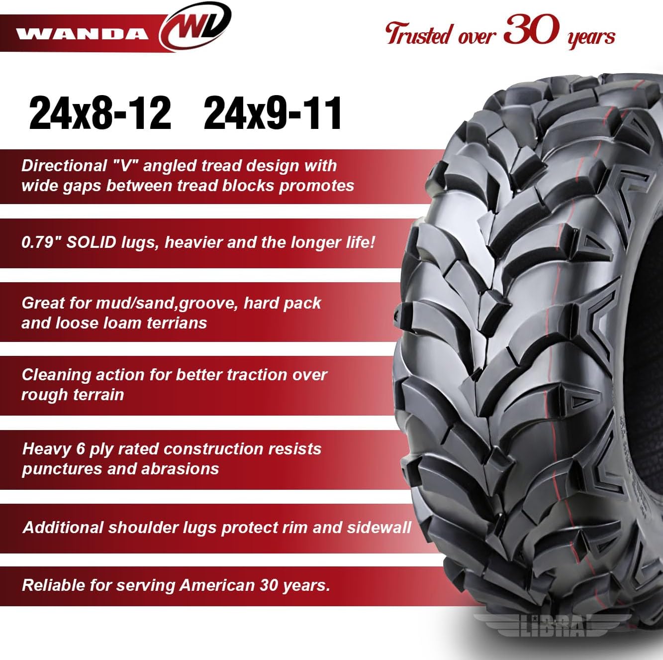 WANDA Set 4 ATV tires 24x8-12 & 24x9-11, Fit for 00-06 Honda Fourtrax Rancher TRX350FM 350 4X4, Load Capacity- 365 Pounds