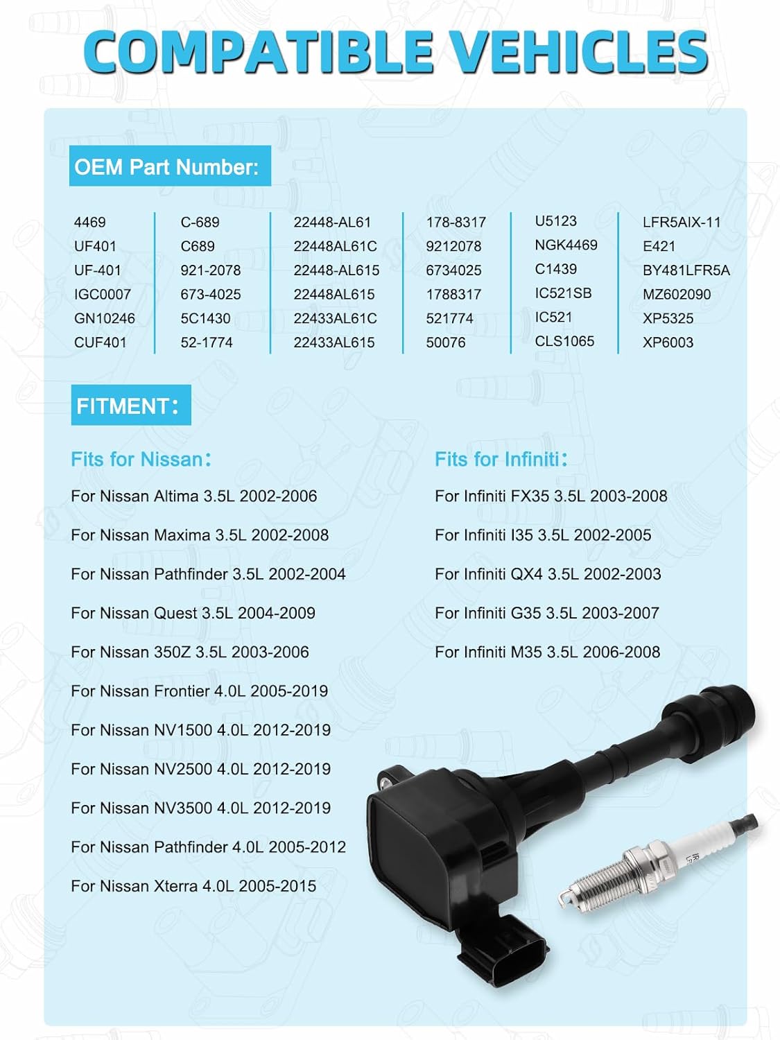 UF401 Ignition Coil with Spark Plug 6 PCS (3.5L ONLY) For 2003-2006 Nissan 350Z,For Infiniti FX35 2003-2008,G35 2003-2007,M35 2006-2008 IGC0007 610-58649