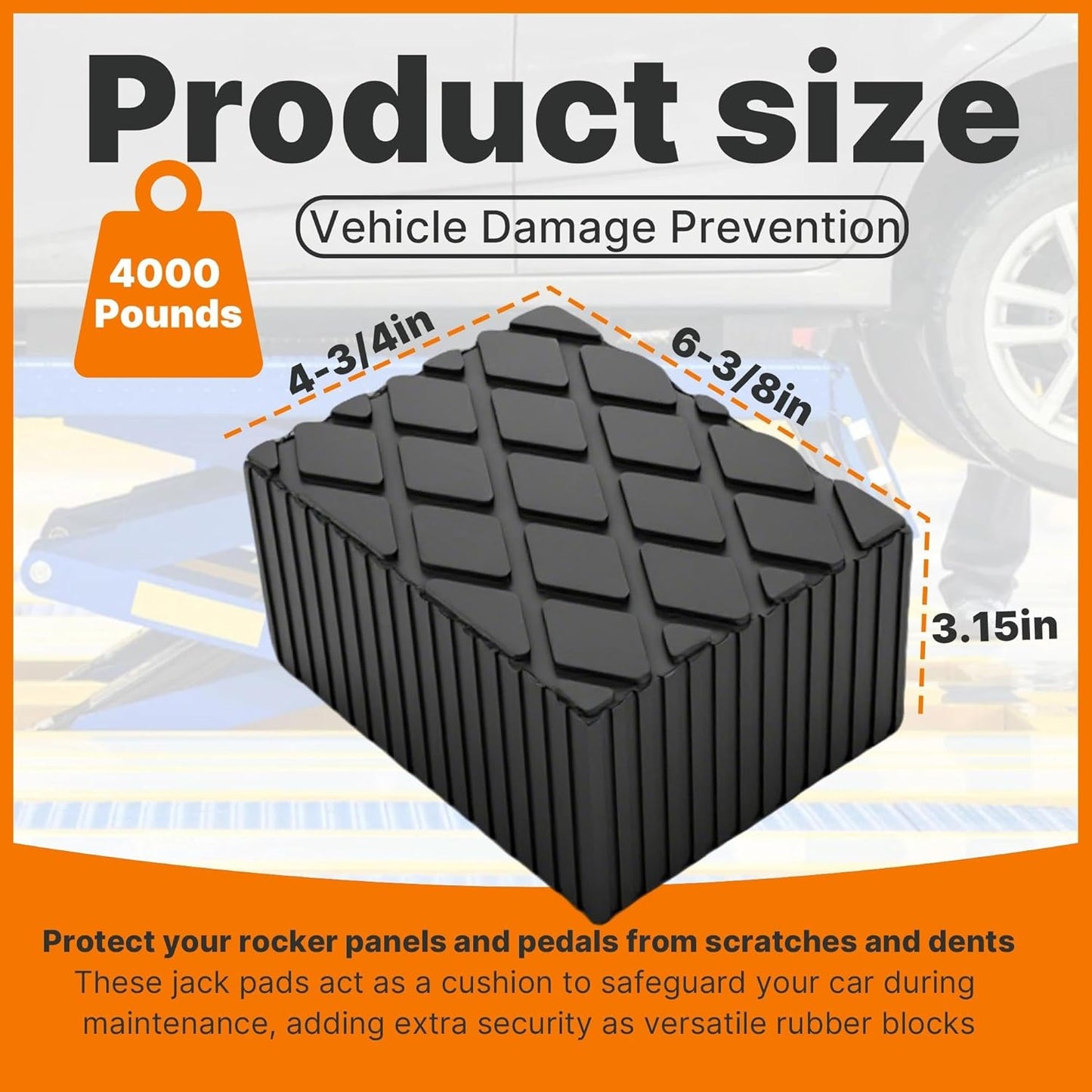 4 Pack 6-3/8" x 4-3/4" x 3.15" Solid Rubber Auto Lift Block Pads, Heavy-Duty Rubber Blocks for Car Lift Pads, Lift Blocks, Camper Stabilizer Jack Pads-Anti-Slip Texture,4000lb Capacity