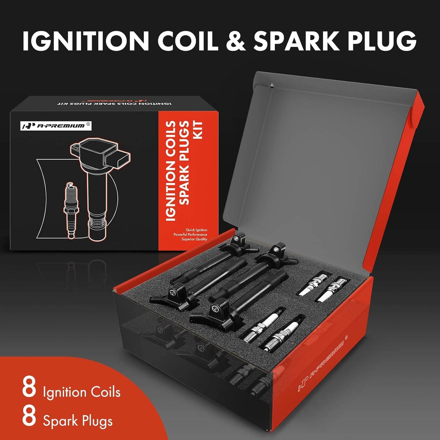 A-Premium Set of 8 Ignition Coil Pack and Iridium Spark Plugs Compatible with Toyota Tundra 2000-2009, 4Runner 2003-2009 & Lexus GS430 2001-2007, V8 4.3L 4.7L