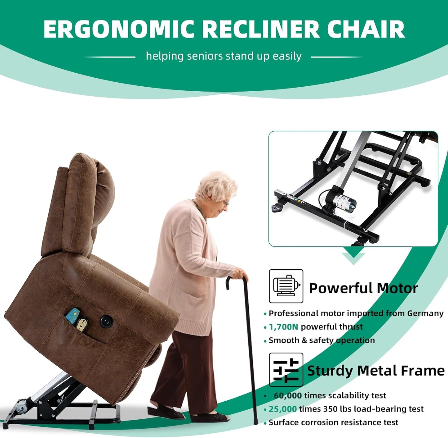 VIVIJASON Electric Power Lift Recliner Chair for Elderly, Heated Vibration Recliners Chair Massage Lounge Single Sofa Living Room Chair with 2 Remote Controls, Side Packets & USB Port, Nut Brown