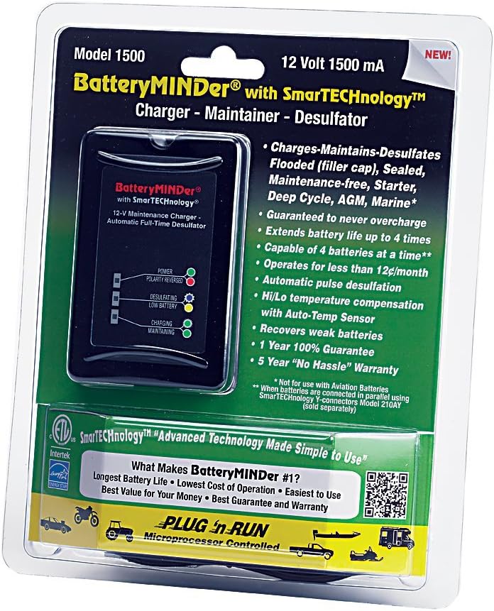 1500: 12 Volt-1.5 AMP Battery Charger, Battery Maintainer, and Battery Desulfator with SmartTECHnology - Designed for Cars, Trucks, Boats, Motorcycles, Snowmobiles, Jet Skis, Golf Carts