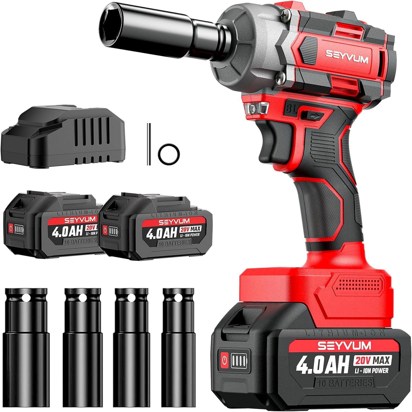 SEYVUM Impact Wrench,1/2" Impact Gun, Power Impact Driver Max Torque 320 Ft-lbs (430N.m), Cordless Impact Wrench with 20V Brushless Motor, 4.0Ah Li-ion Battery with Fast Charger, 4 Pcs Impact Sockets