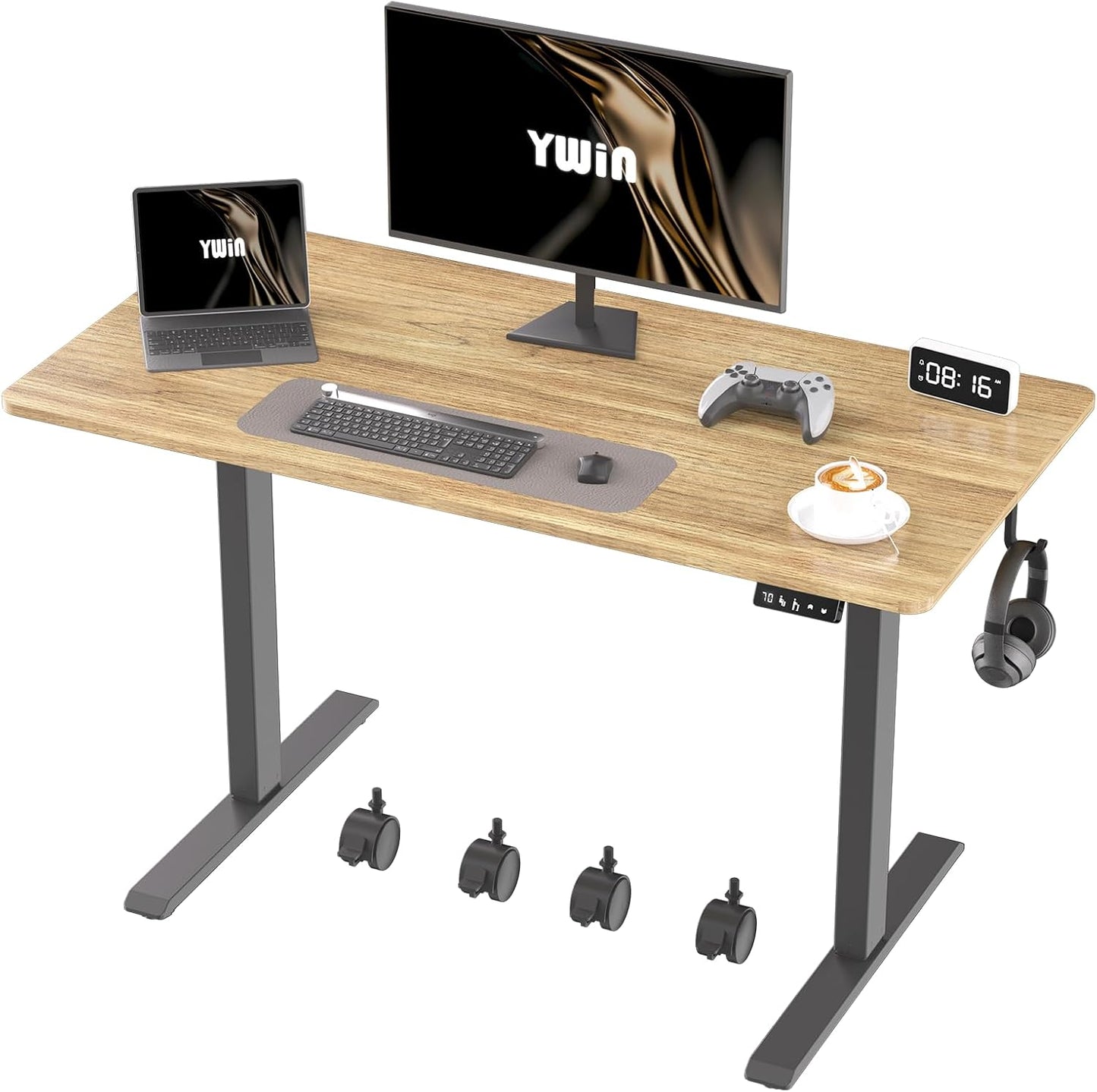 Ywin Electric Height Adjustable Standing Desk, 55 x 24 inches Sit Stand Desk with Wheels, Ergonomic Stand Up Desk for Home Office
