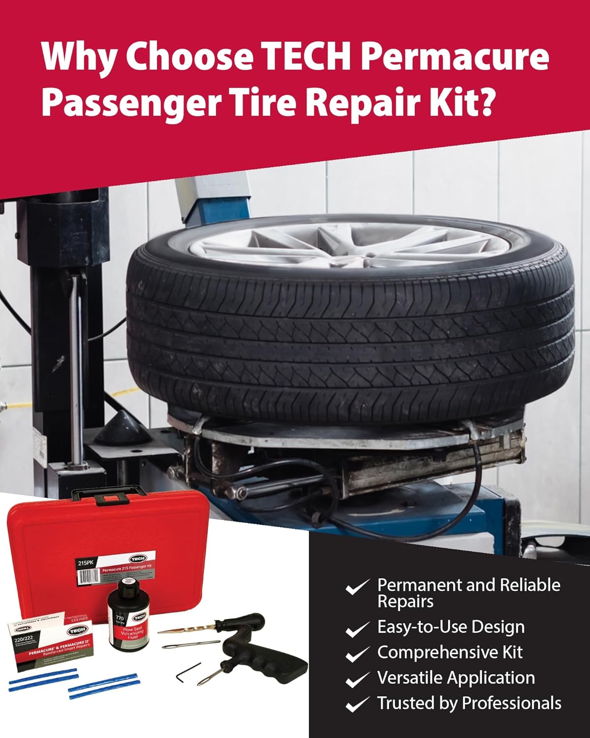TECH Permacure Passenger Tire Plug Kit – The Ideal Flat Tire Fix Kit for Passenger Cars, Light Trucks, SUVs, Trailers, ATVs, Golf Carts, Farm Equipment, and More (50 Tire Plugs & Tools)