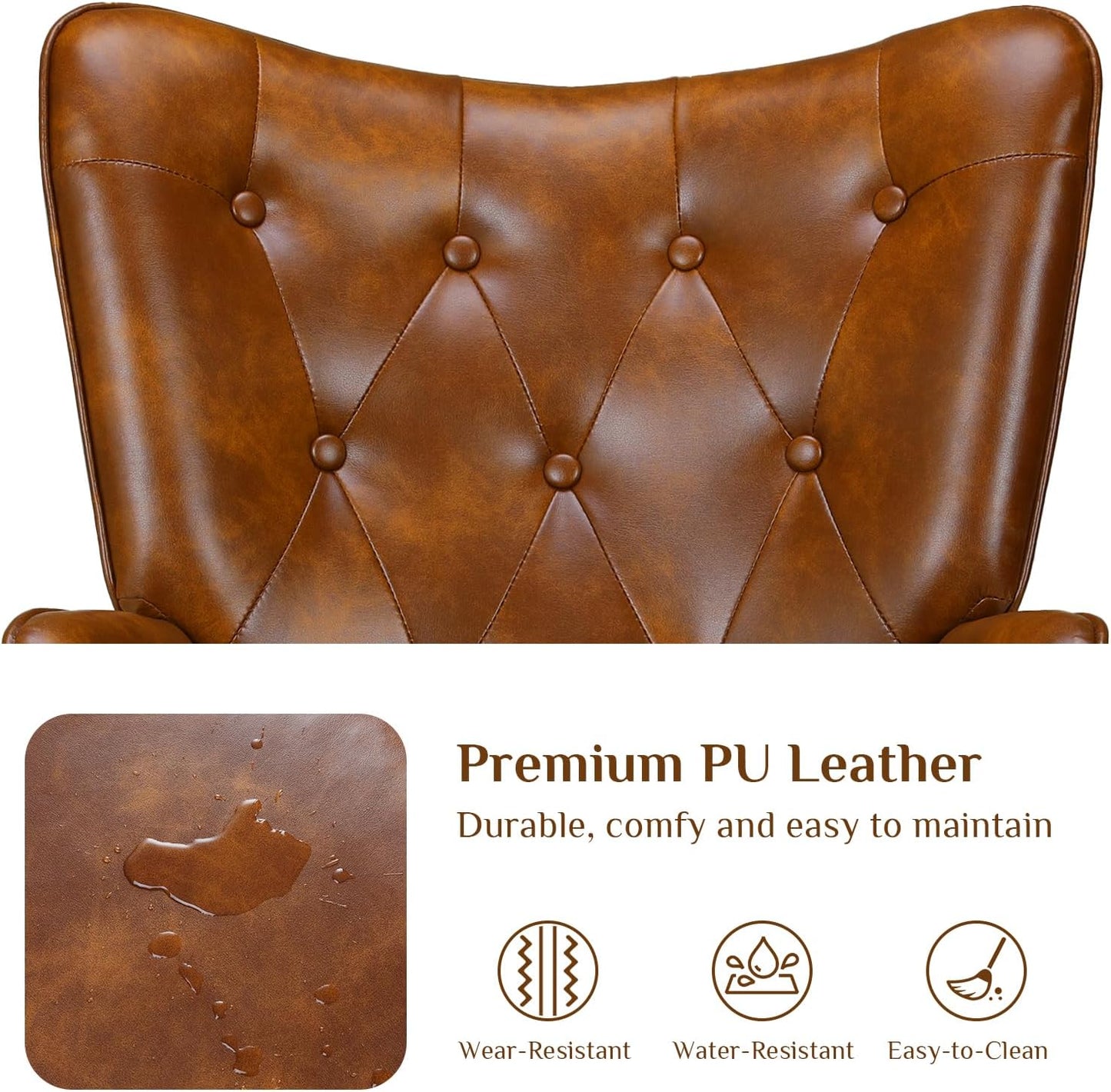 TLSUNNY PU Brown Accent Chair, Comfy Upholstered Armchair with Metal Legs, High Backrest Living Room Chair, Wingback Chair Mid Century Modern for Living Room/Vanity/Bedroom (2 pcs)