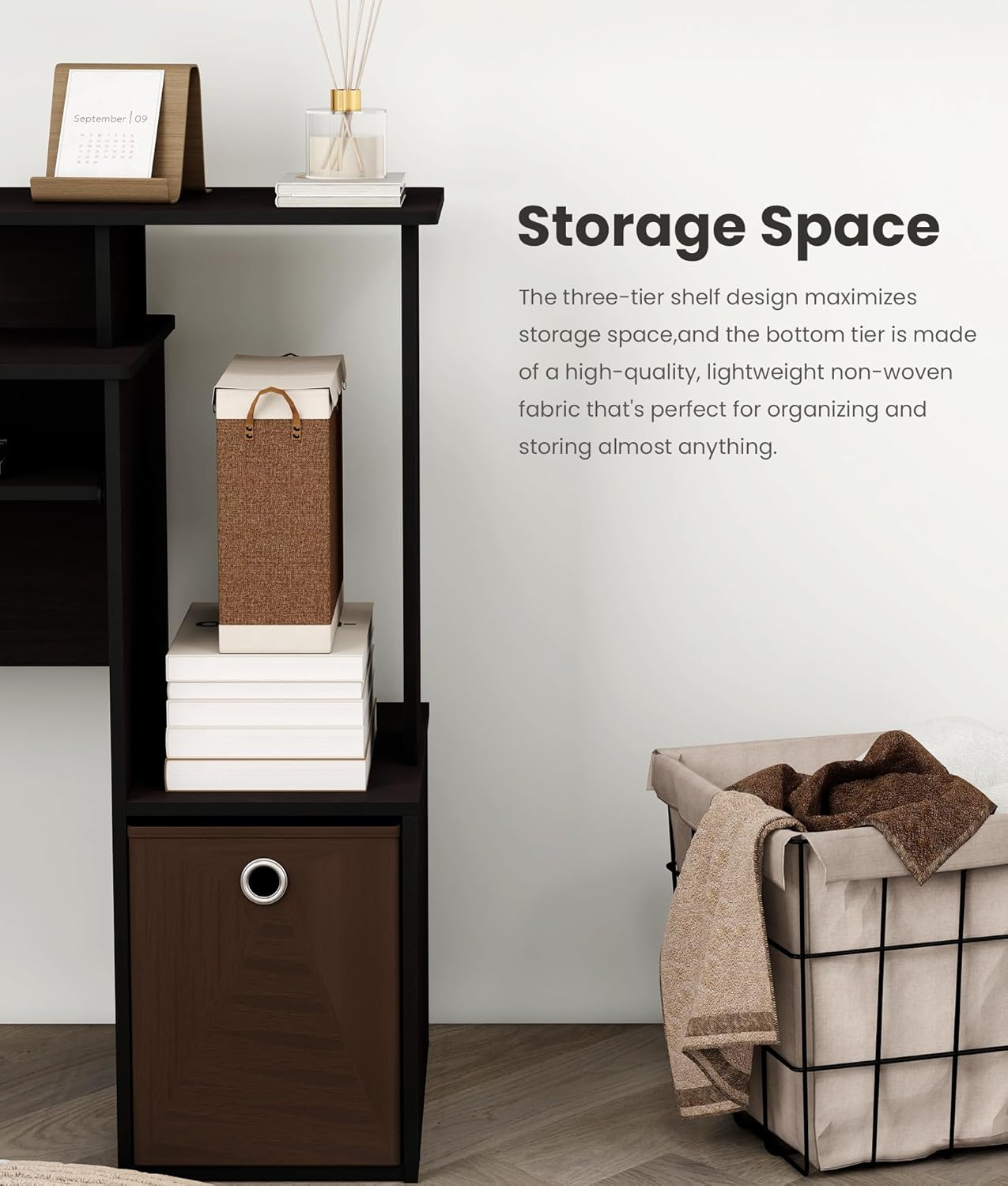 Small Computer Desk for Bedroom, Home Office Desk with Drawers Storage Shelves for Living Room Study Bedroom, Dark Walnut/Brown