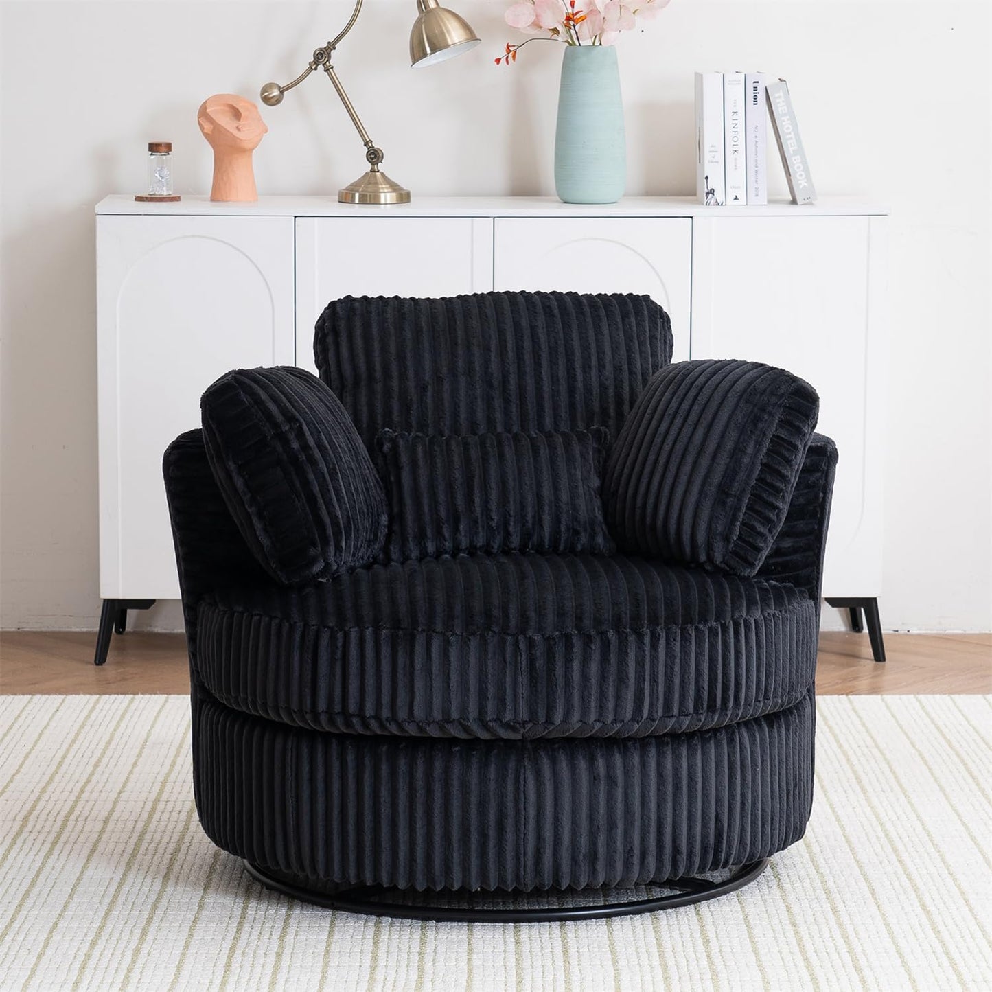 Swivel Barrel Chair with Pillows and Cushions,Corduroy Round Chair with Metal Base for Living Room (White)