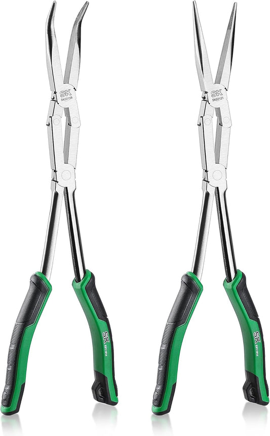 SK 2-Piece Double Compound Long Reach Pliers Set, 13-Inch Straight Long Nose Pliers, 45° Bent Nose, with Comfort Grips, Premium CR-V Steel Construction
