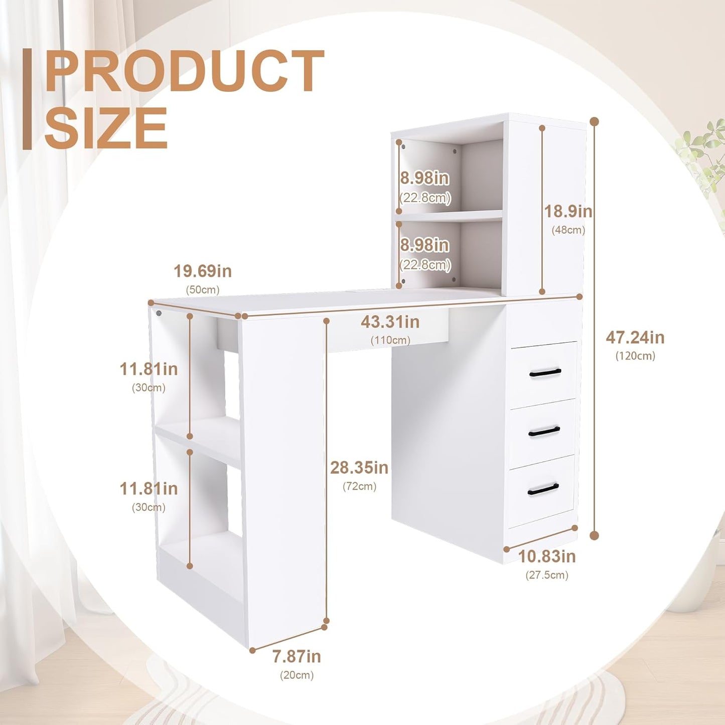 43" Small Gaming Desk with with 3 Drawers and 4 Shelves, White Computer Desk with Hutch and Storage Shelves, Home Office Desk with 4-in-1 Power Outlet Suitable for a Variety of Places