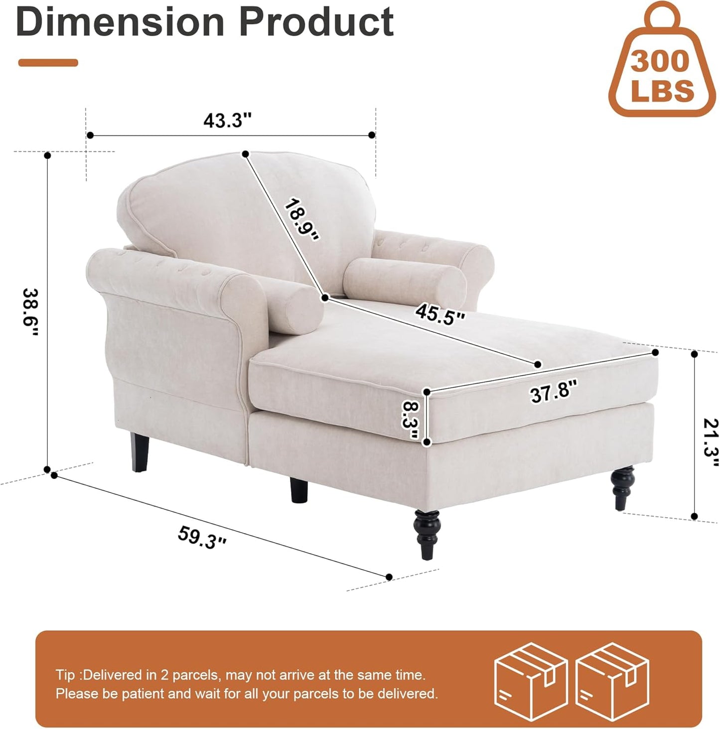 59.3" D Reclining Lounge Chair,Oversized Chenille Upholstered Sleeper Couch Chair with 2 Rolled Pillows,Mid-Century Modern Single Chaise Sofa for Living Room Bedroom Office(Beige, 1 Seat)