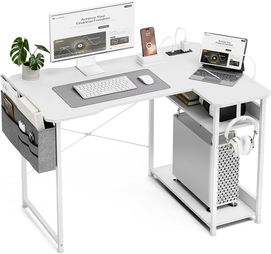 Small Gaming Desk with Power Outlets, 40 Inch L Shaped Desks with Reversible Shelves and Storage Bag,Computer Desk Corner Desk PC Desk for Gaming and Home Office Table,White
