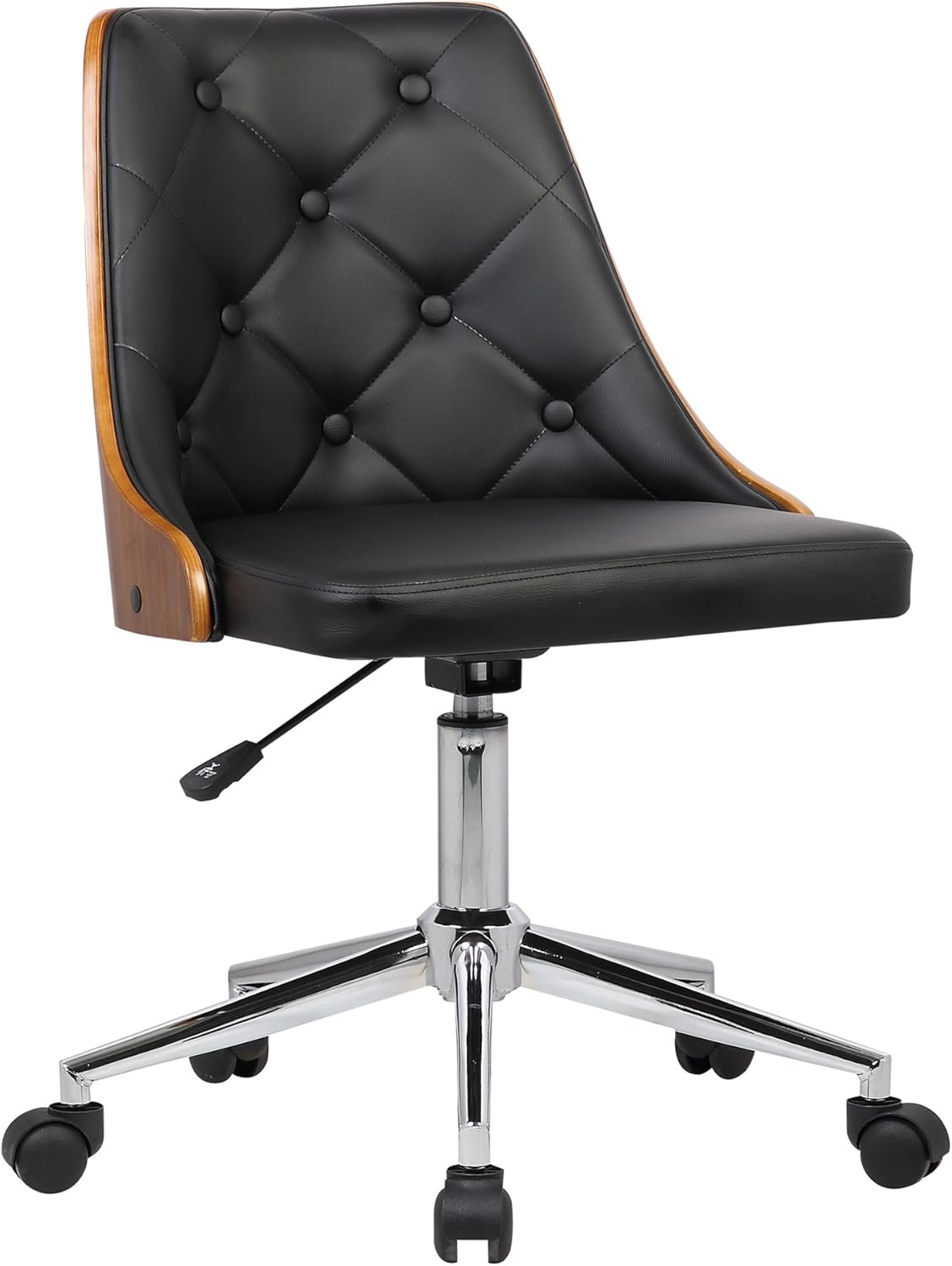Armen Living Century Office Chair in Black Faux Leather and Walnut Wood, Chrome Finish