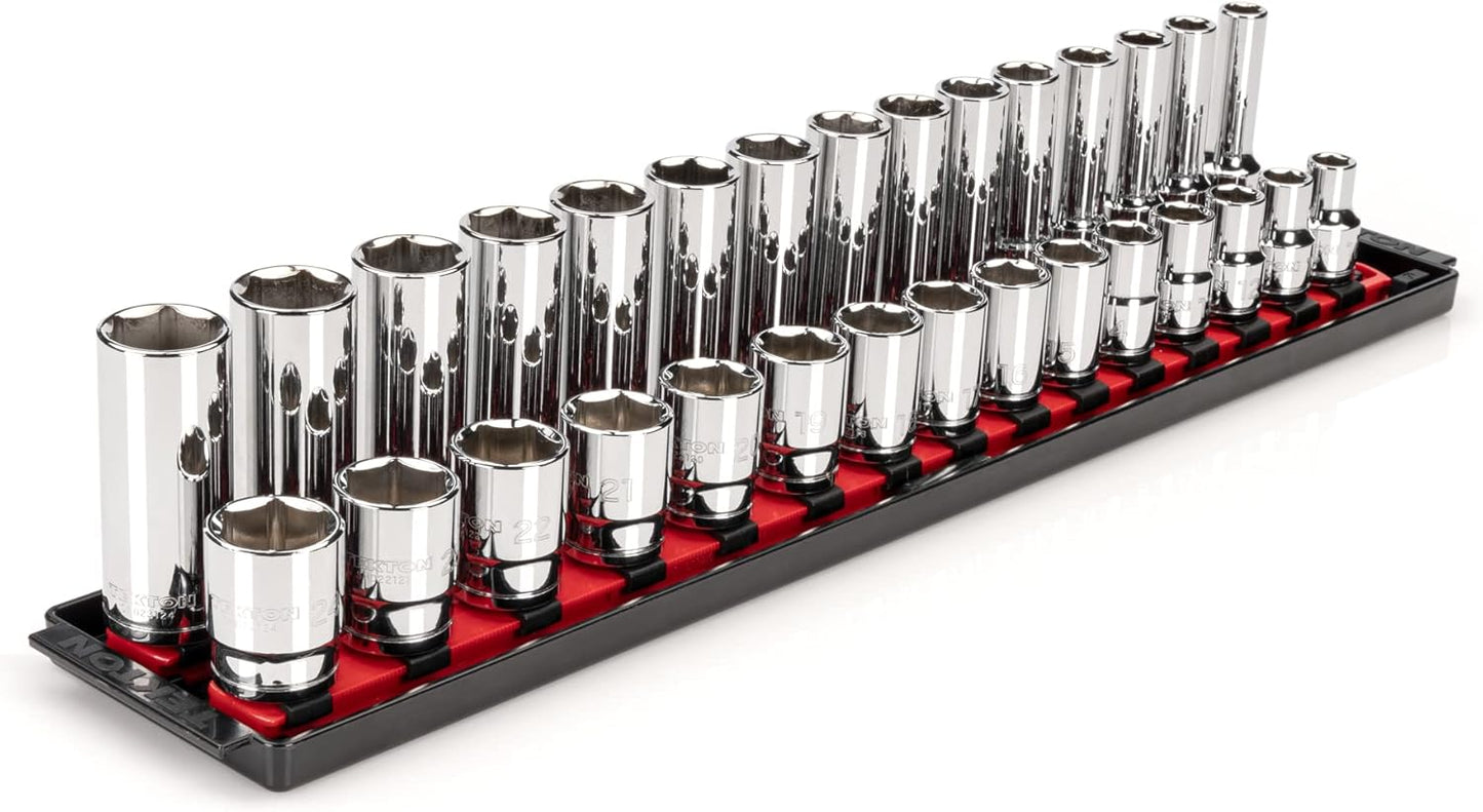 TEKTON 1/2 Inch Drive 6-Point Socket Set with Rail, 15-Piece (10-24 mm) | SHD92102