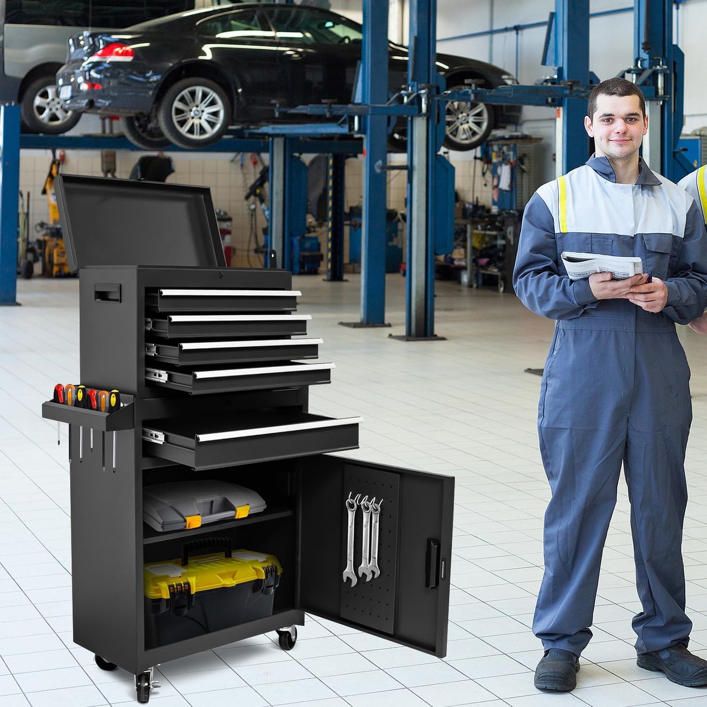 5-Drawer Rolling Tool Chest, High Capacity, Adjustable Shelf, Lockable Drawers, Detachable 2 in 1 Mechanic Tool Box Storage Cabinet with Wheels for Garage Workshop Warehouse Repair Shop