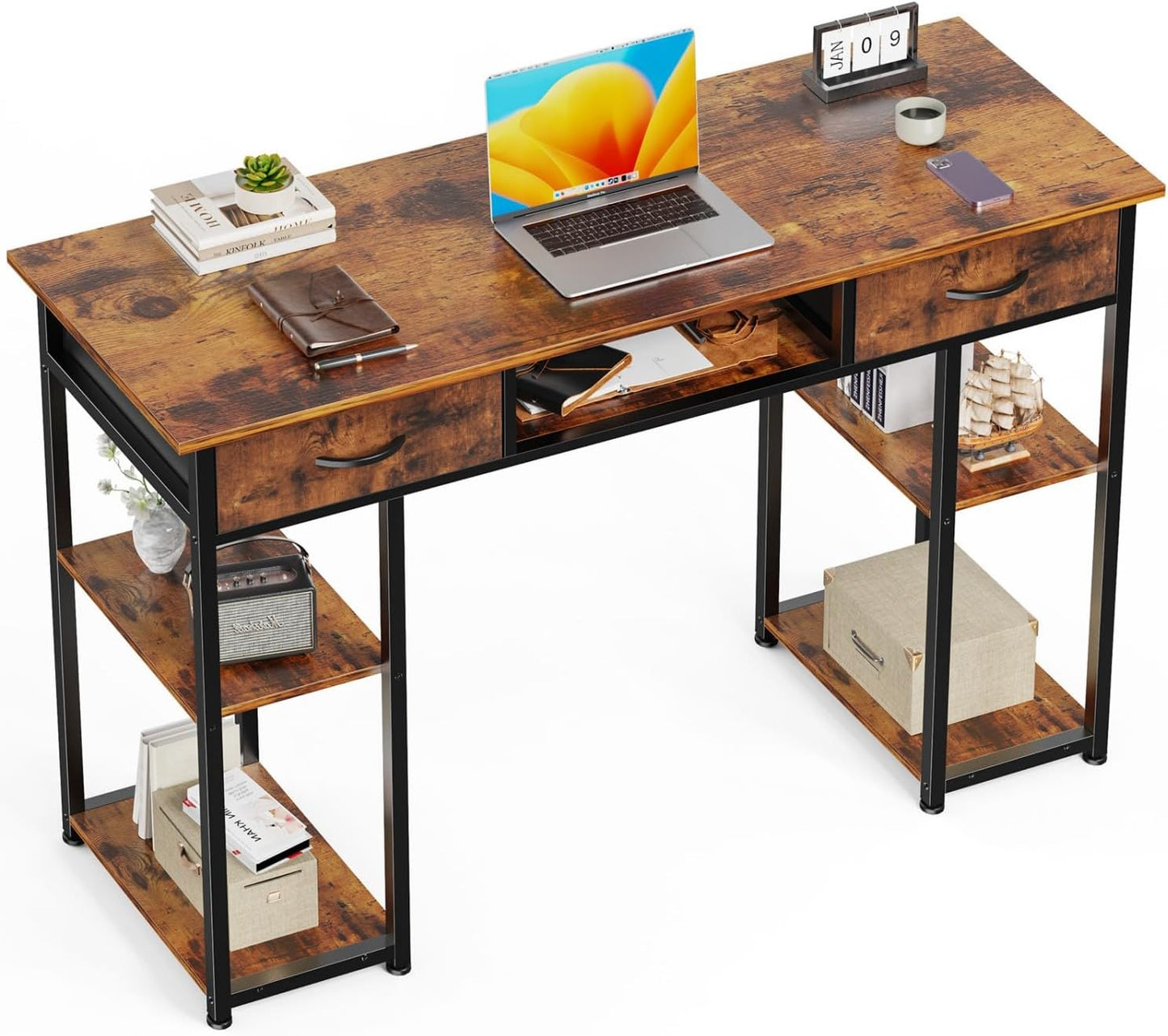 47 Inch Computer Desk with 2 Drawers, Home Office Desk with Wooden Shelves, Study Writing PC Table for Small Spaces, Bedroom, Dorm or Living Room, White