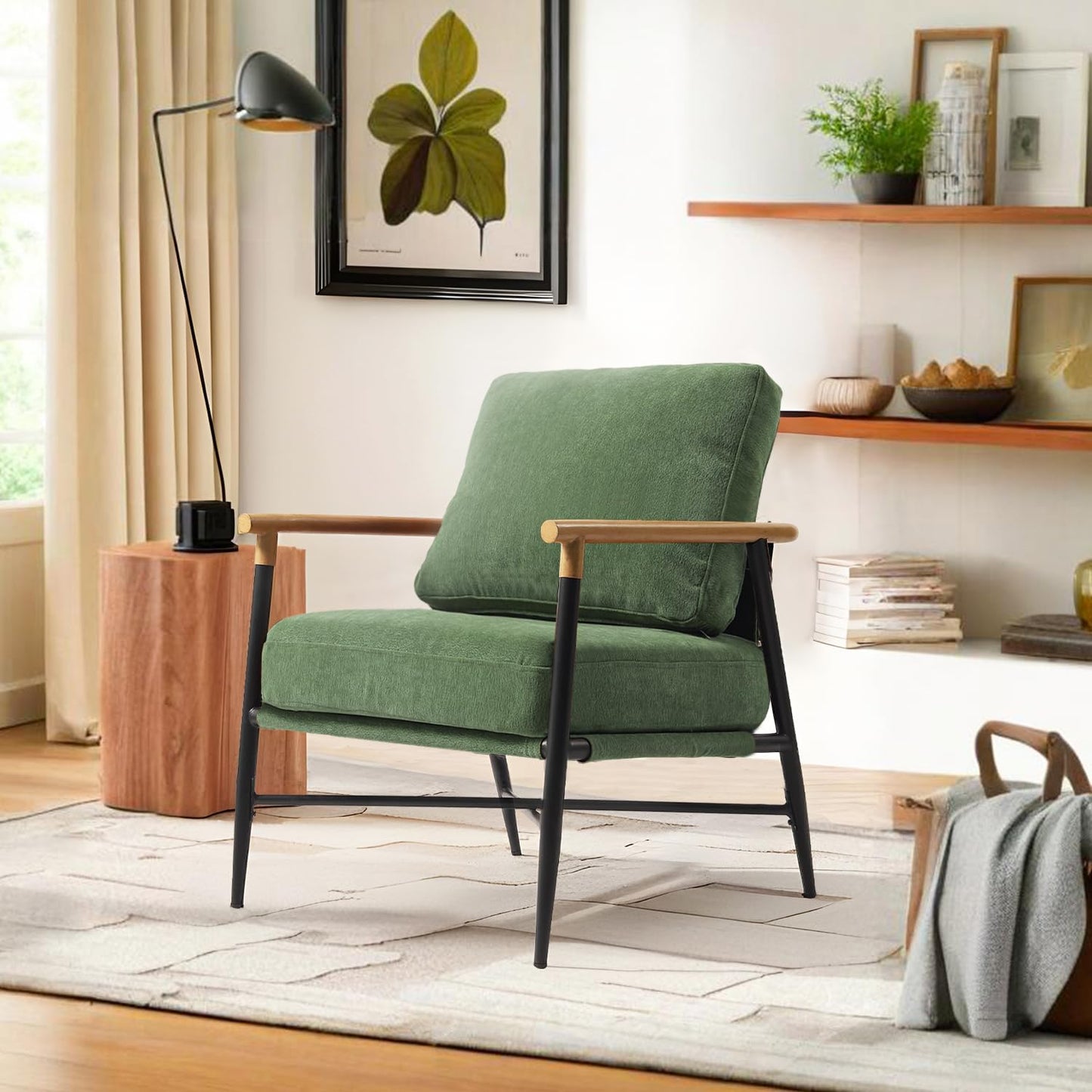 Accent Chair, Upholstered Chenille Living Room Chair with Metal Frame, Mid Century Modern Reading Lounge Sofa Armchair with Removable Cushion for Living Room, Bedroom, Office (Green, Set of 2)