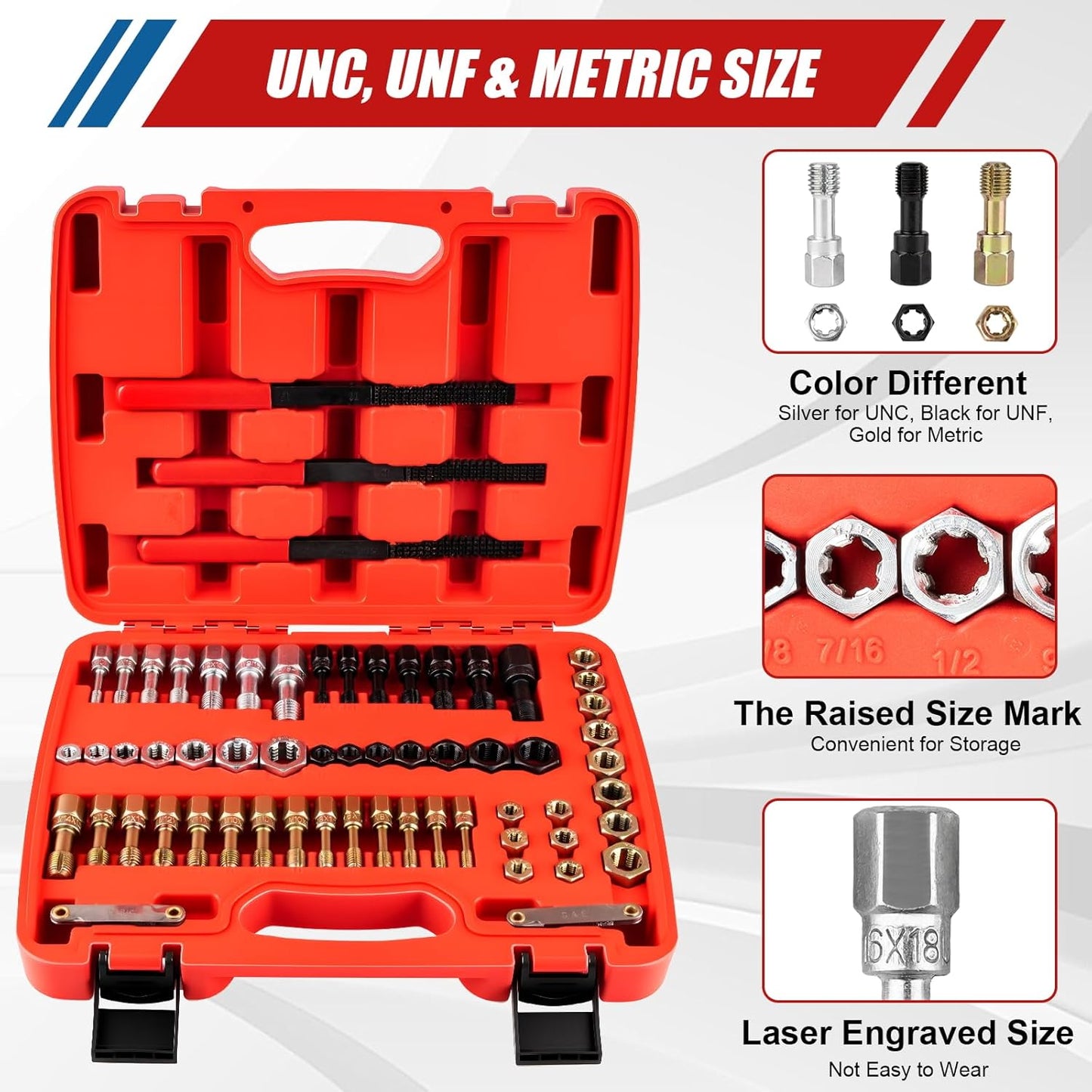 61Pcs Thread Repair Kit, UNC, UNF & Metric Thread Chaser Set, Rethread Repair Tool with Taps Dies Thread Files and Thread Pitch Gauge for Repair or Reshape Damaged Threads Bolts, Nuts and Screws