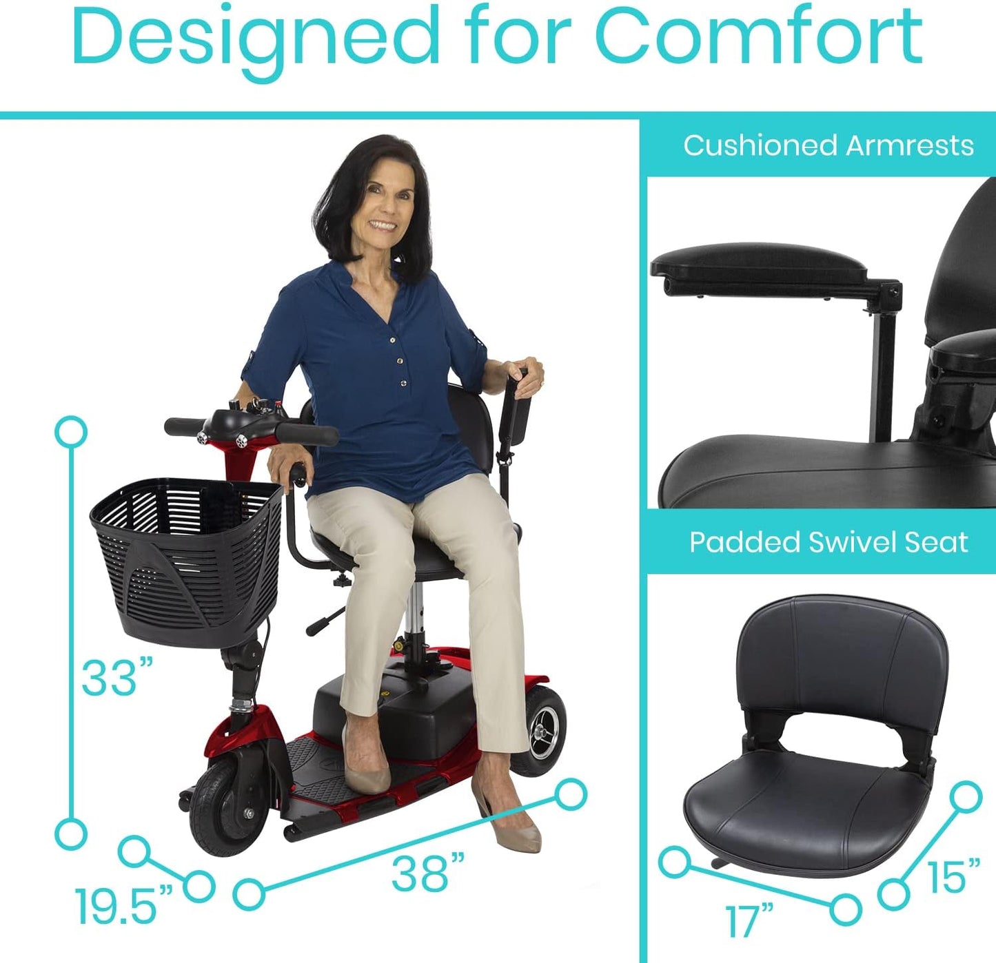 Vive 3 Wheel Mobility Scooter - Electric Powered Mobile Wheelchair Device for Adults - Folding, Collapsible and Compact for Travel - Long Range Power Extended Battery with Charger and Basket Included