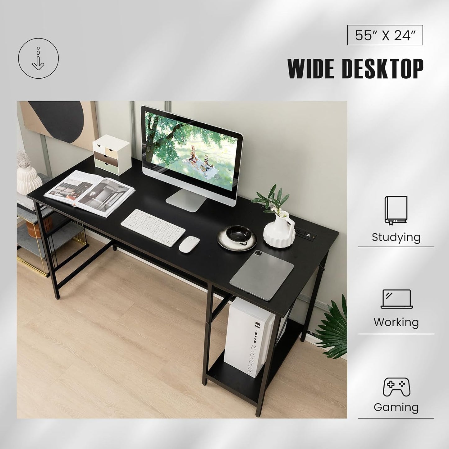 Tangkula 55 Inch Computer Desk with Power Outlets & USB Ports, Home Office Desk with Built in Charging Station with Switch, Computer Workstation Writing Study Desk with Storage Shelf & CPU Stand