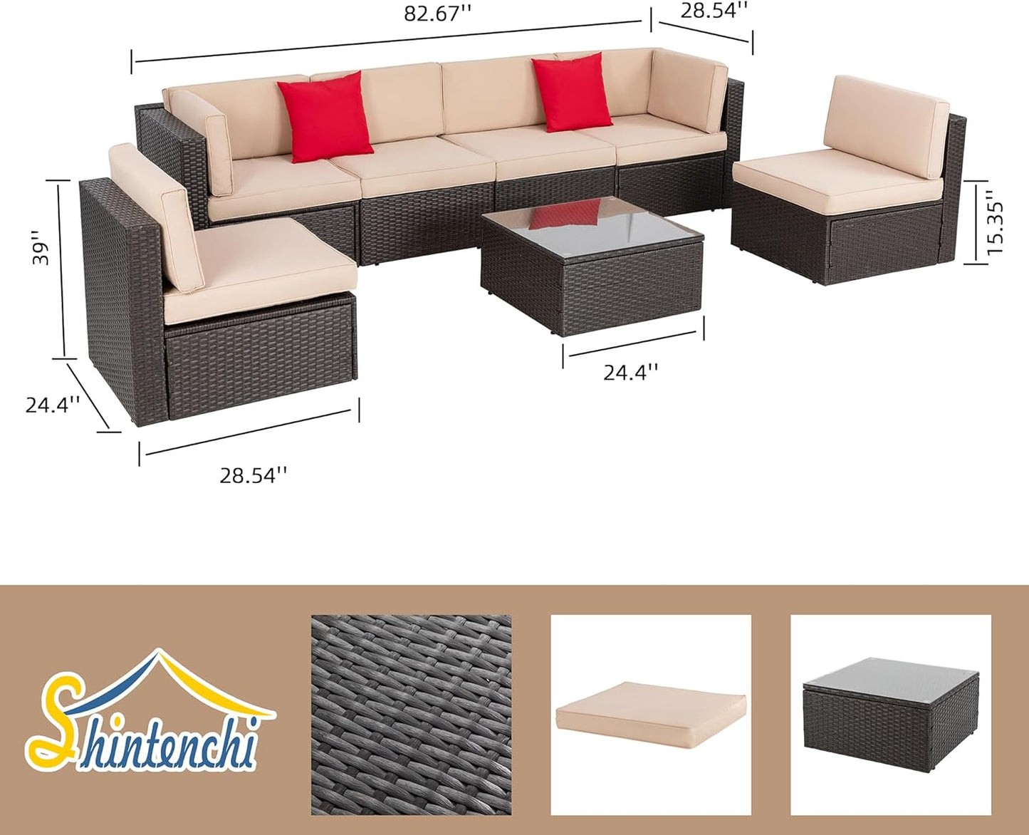 Shintenchi 7 Pieces Patio Furniture Sets Outdoor All-Weather Sectional Patio Sofa Set PE Rattan Manual Weaving Wicker Patio Conversation Set with Glass Table&Ottoman Cushion and Red Pillows, Beige