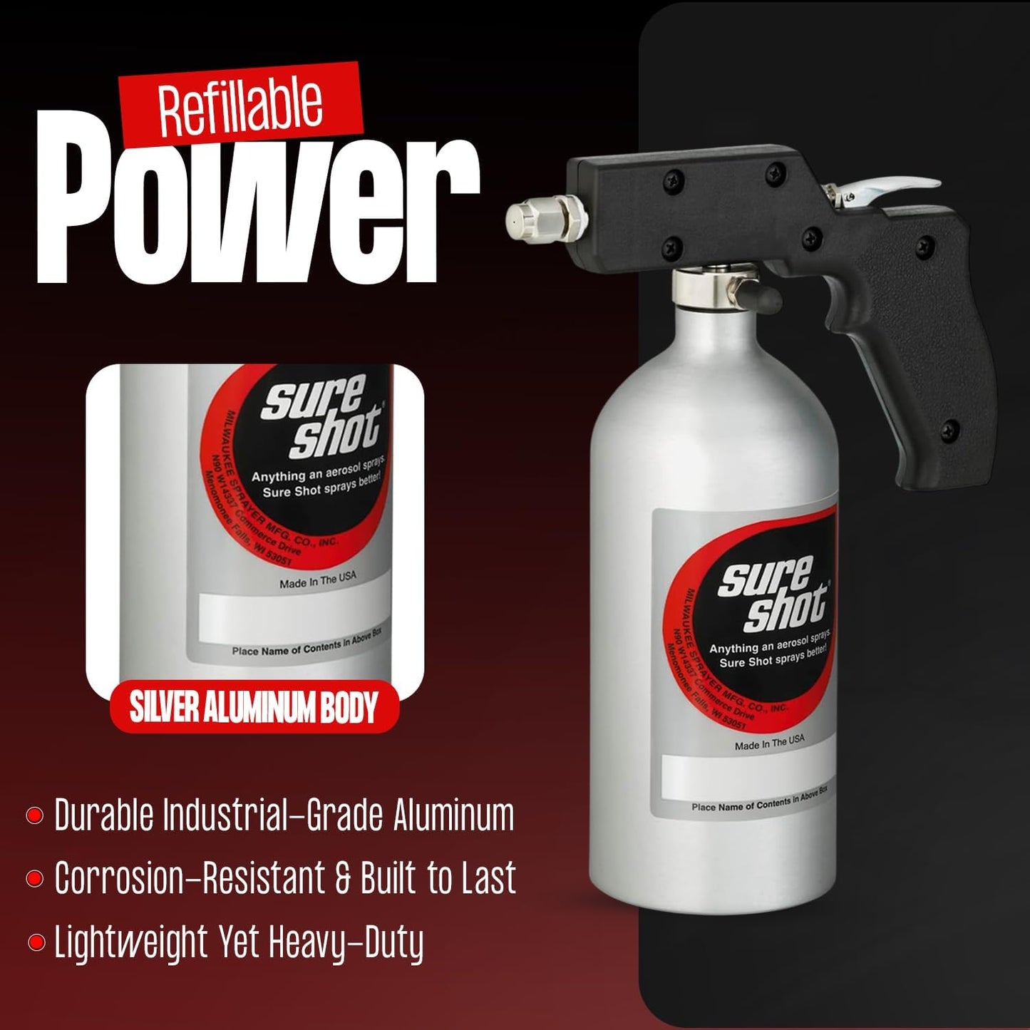 SURE SHOT M2400 - Industrial Grade Silver Anodized Aluminum Sprayer with Adjustable Nozzle - Lightweight and Portable Compressed Air Sprayer for Multiple Liquid Applications - Made in USA Since 1932