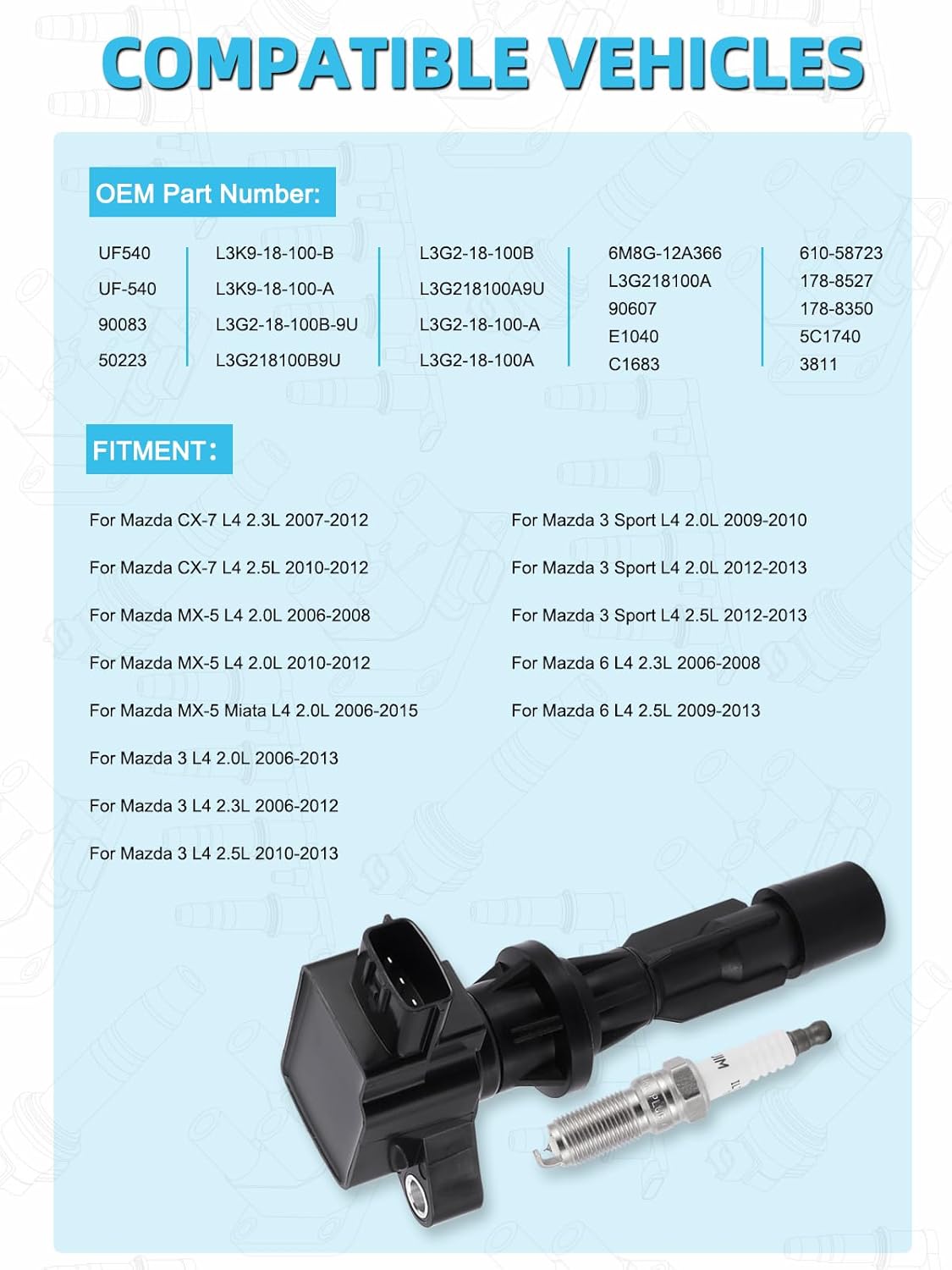 Set of 4 UF540 Ignition Coil Pack & Spark Plugs For Mazda CX-7 2.3L 2.5L 2007-2012,MX-5 Miata 2.0L 2006-2015,3 Sport 2.0L 2.3L 2.5L 2006-2013,6 2.3L 2.5L 2006-2013,5C1740 L3G218100 90083