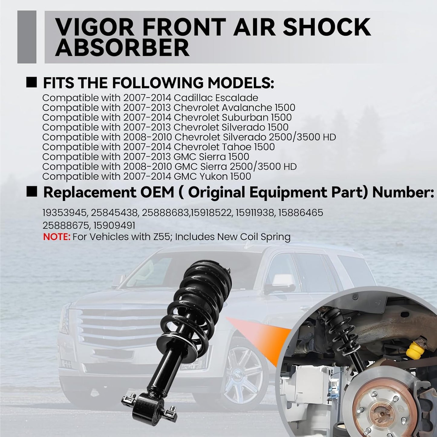 VIGOR Air Shock Absorbers for 2007-2014 Cadillac Escalade, Chevy Avalanche Suburban Tahoe, GMC Sierra 1500/2500 Car Front Air Struts with New Coil Spring, OE Replace 19353945, 25845438