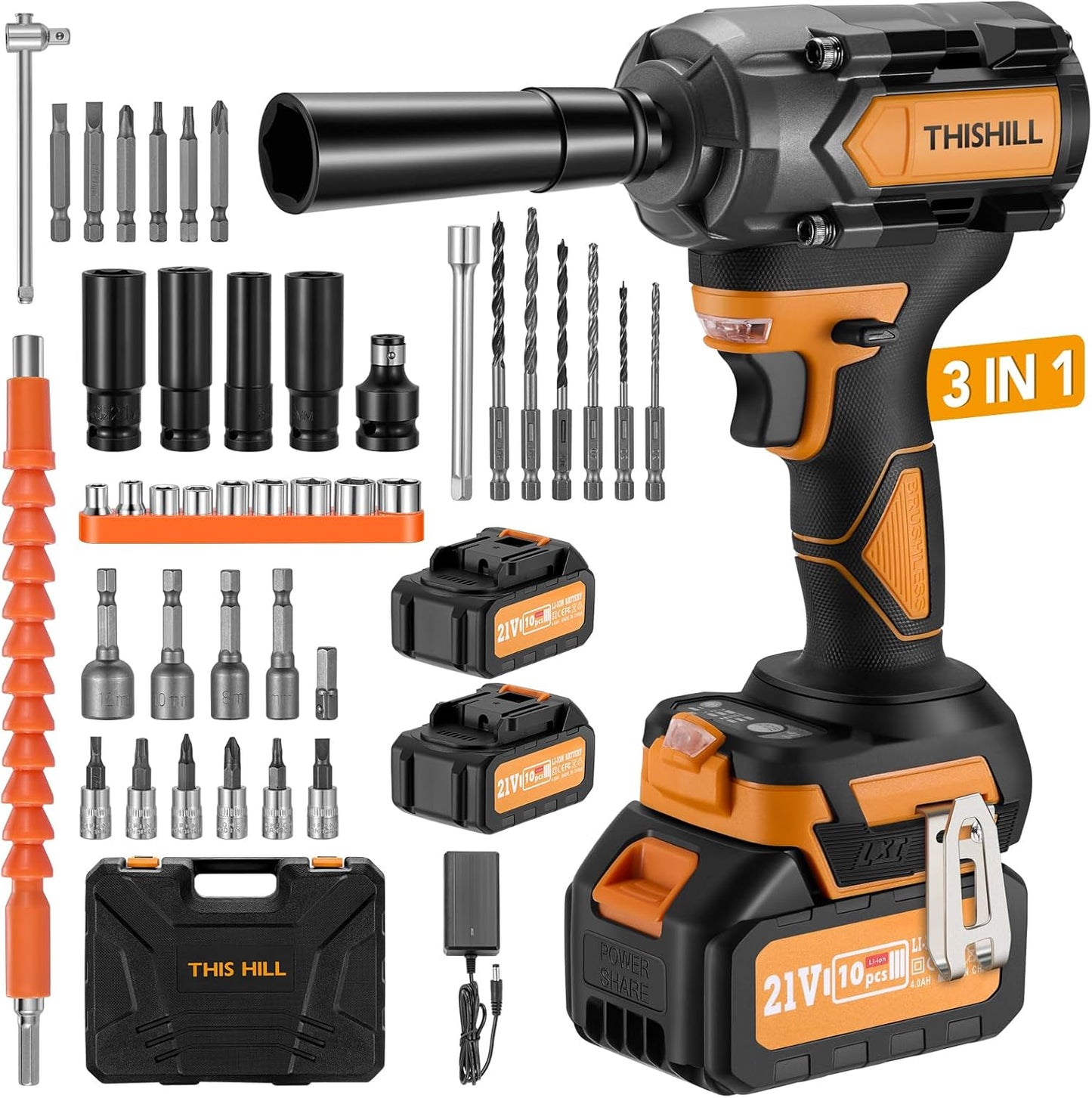 This Hill 45PCS Cordless Impact Wrench,600Nm(443Ft-lbs),1/2 Inch Brushless lmpact Driver Set,w/Two 4.0Ah Battery,17 Sockets,High Torque Power Impact Gun for Car Home