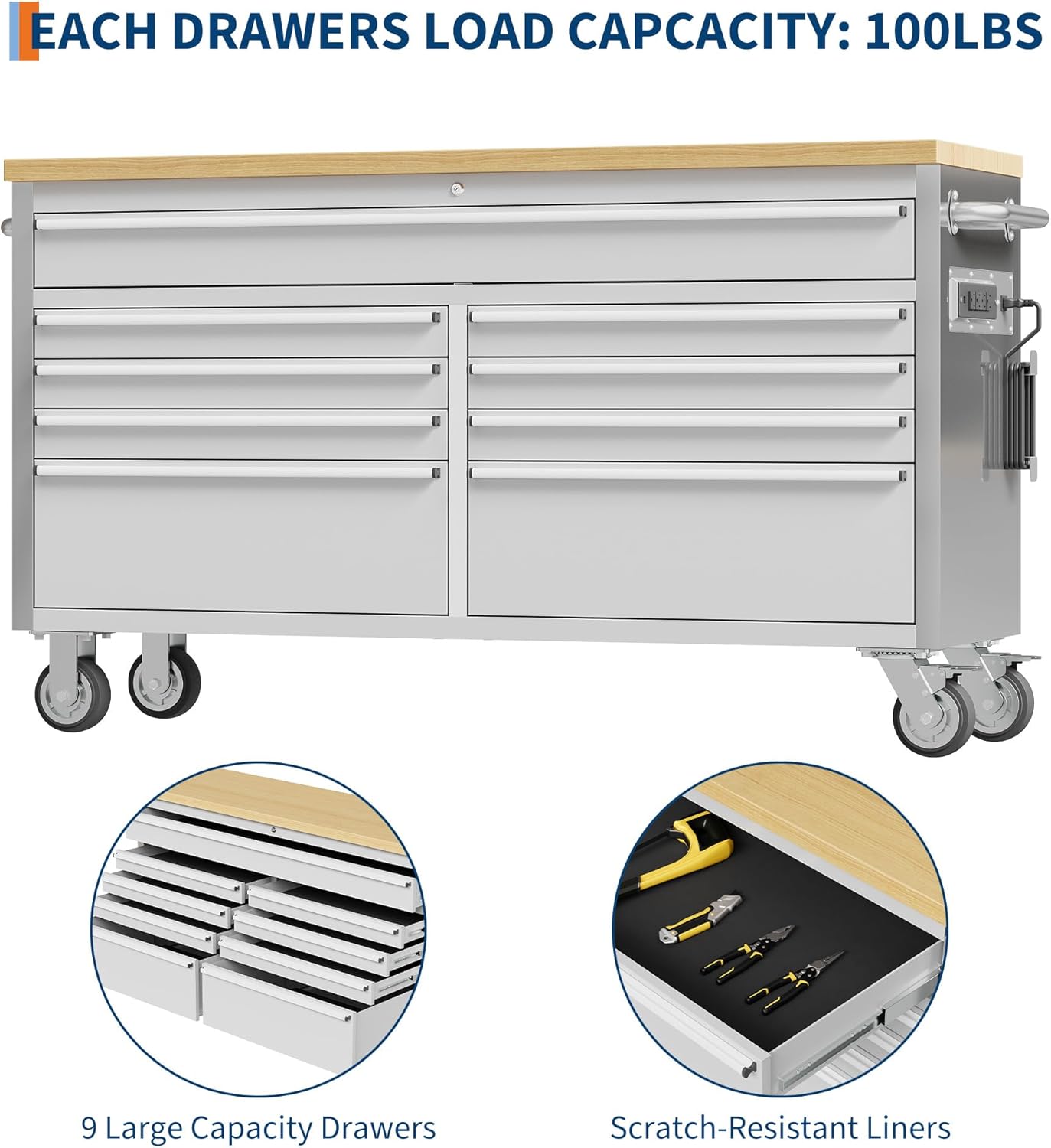 61 Inch Tool Chest, Tool Cabinet with 9 Drawers, Mobile Storage Cabinet with Locking System, Stainless Steel Material and Sturdy Structure, High Capacity for Home Workshop Kitchen and Garage.