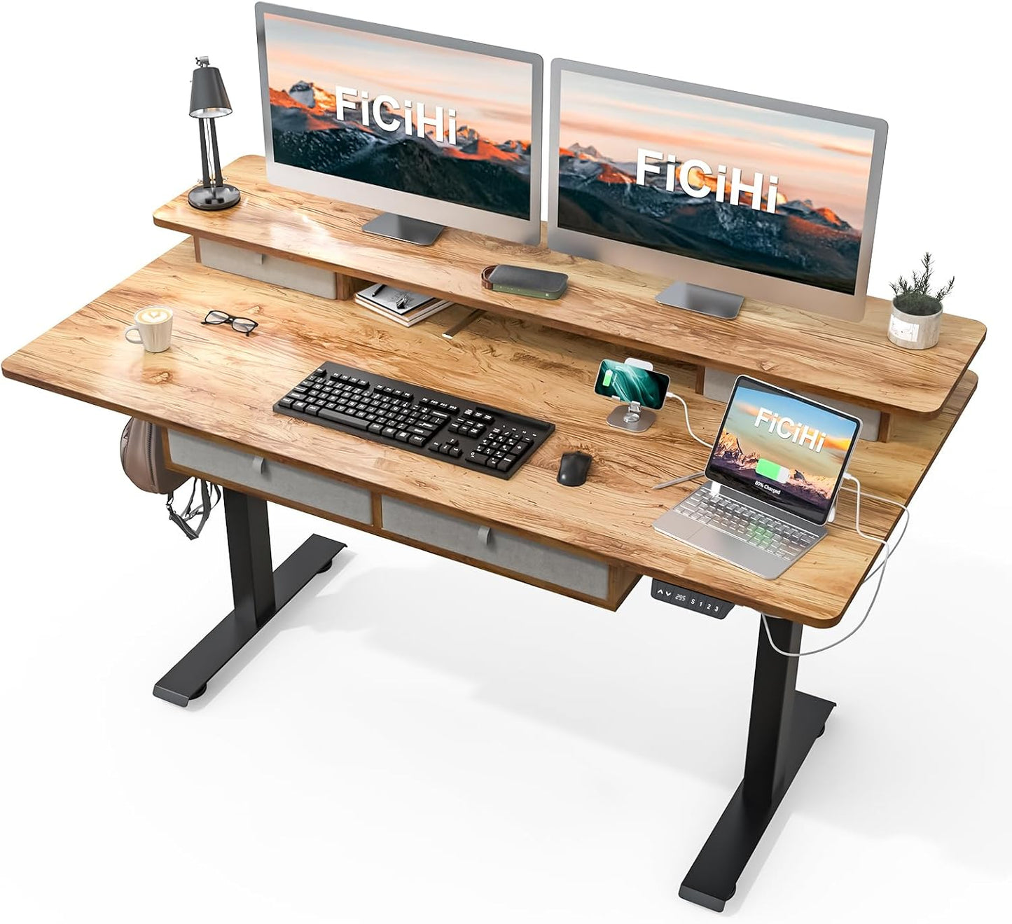 Adjustable Height Standing Desk with 4 Drawers & Wheels,63 x 30 inches Electric Sit Stand Home Office Desk with Two Tiers, 3 Memory Presets, Monitor Stand Riser, USB A/C Charging Port