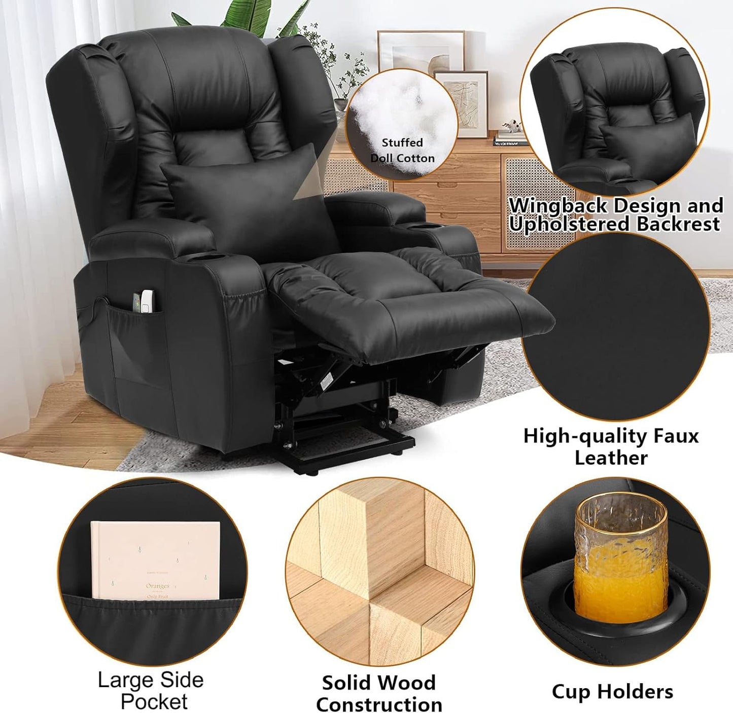 IPKIG Power Lift Chairs Recliners for Elderly with Massage and Heated, Faux Leather Power Recliner Chair with USB Ports/2 Remote Control/4 Side Pocket for Living Room, Bedroom (Black)