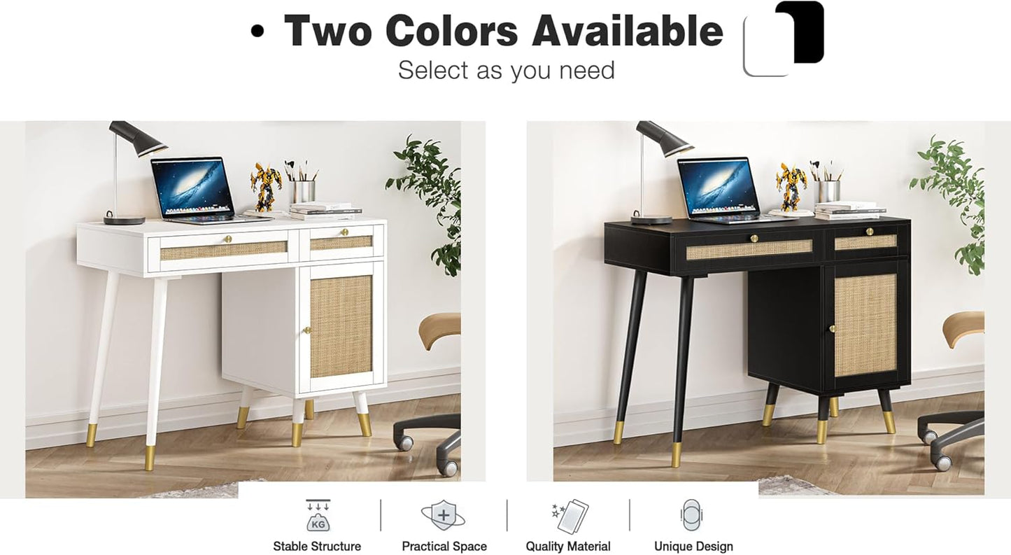 Anmytek Rattan Vanity Desk with Drawers and Storage, Black Makeup Vanity Table Modern Home Office Desk Computer Desk for Study D0005