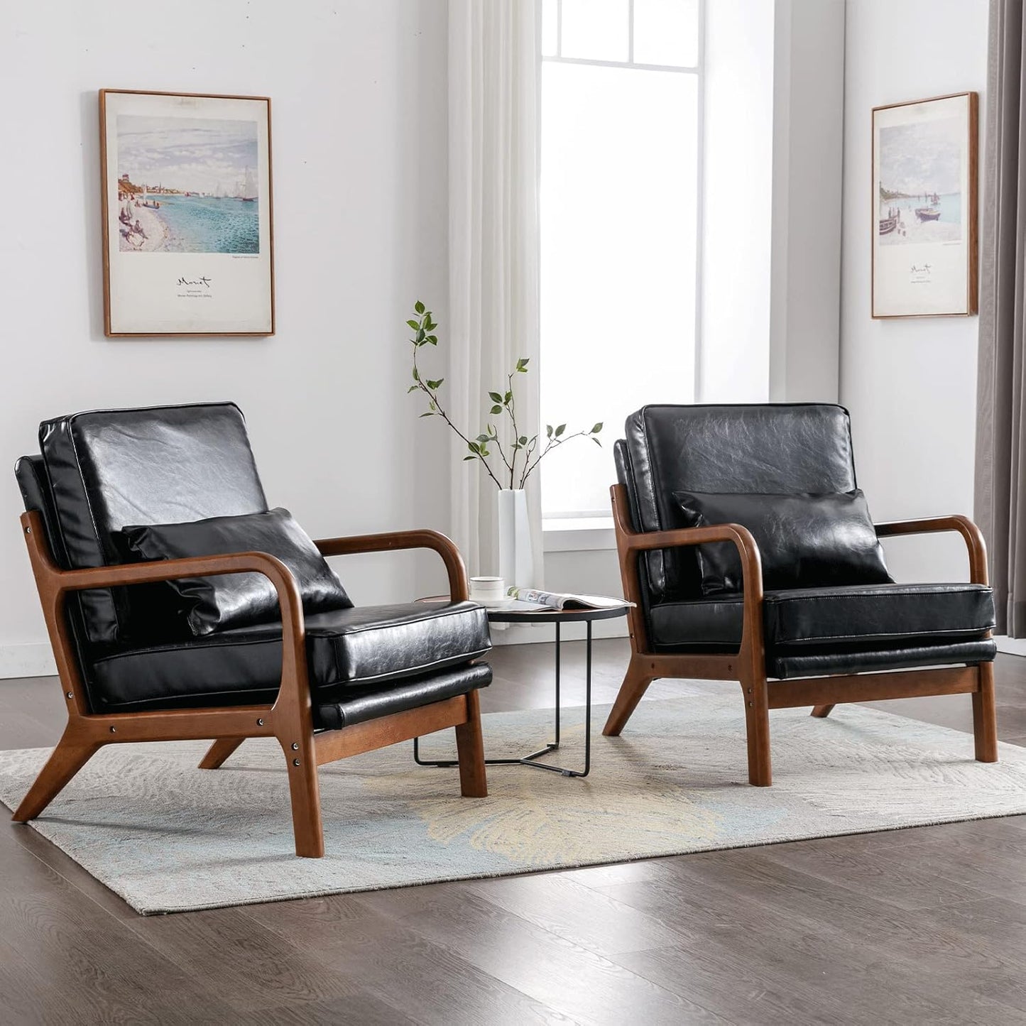 Accent Chair Set of 2- Mid-Century Modern Chairs Living Room Furniture Set Bedroom Reading, Solid Wood Arm Chair Lumber Pillow, Comfy Cushion Ergonomic Lounge Armchair Brown Leather Office Side Chair