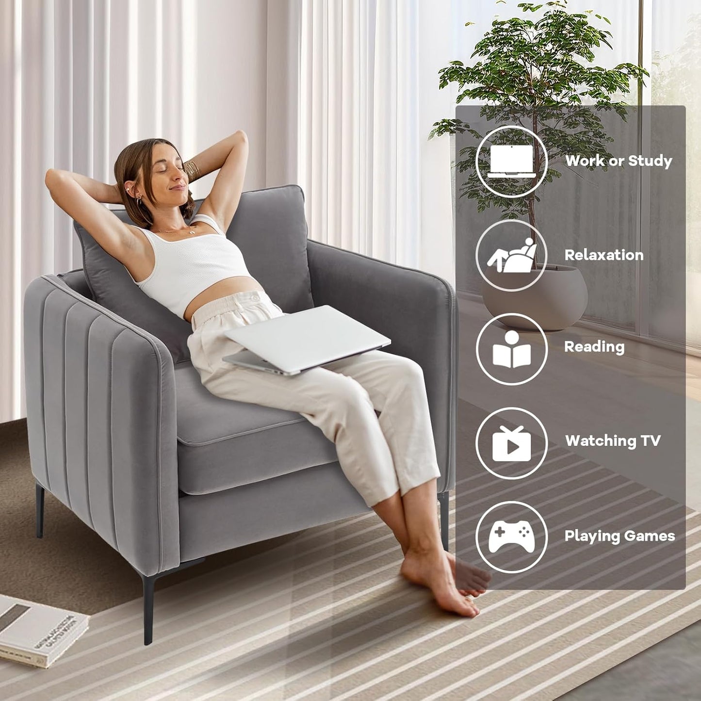 Accent Chair Set of 2 for Living Room, Velvet Comfy Single Sofa Chair Mid-Century Modern Armchair with 1 Pillow and Metal Legs for Bedroom Office Reading (Gray)