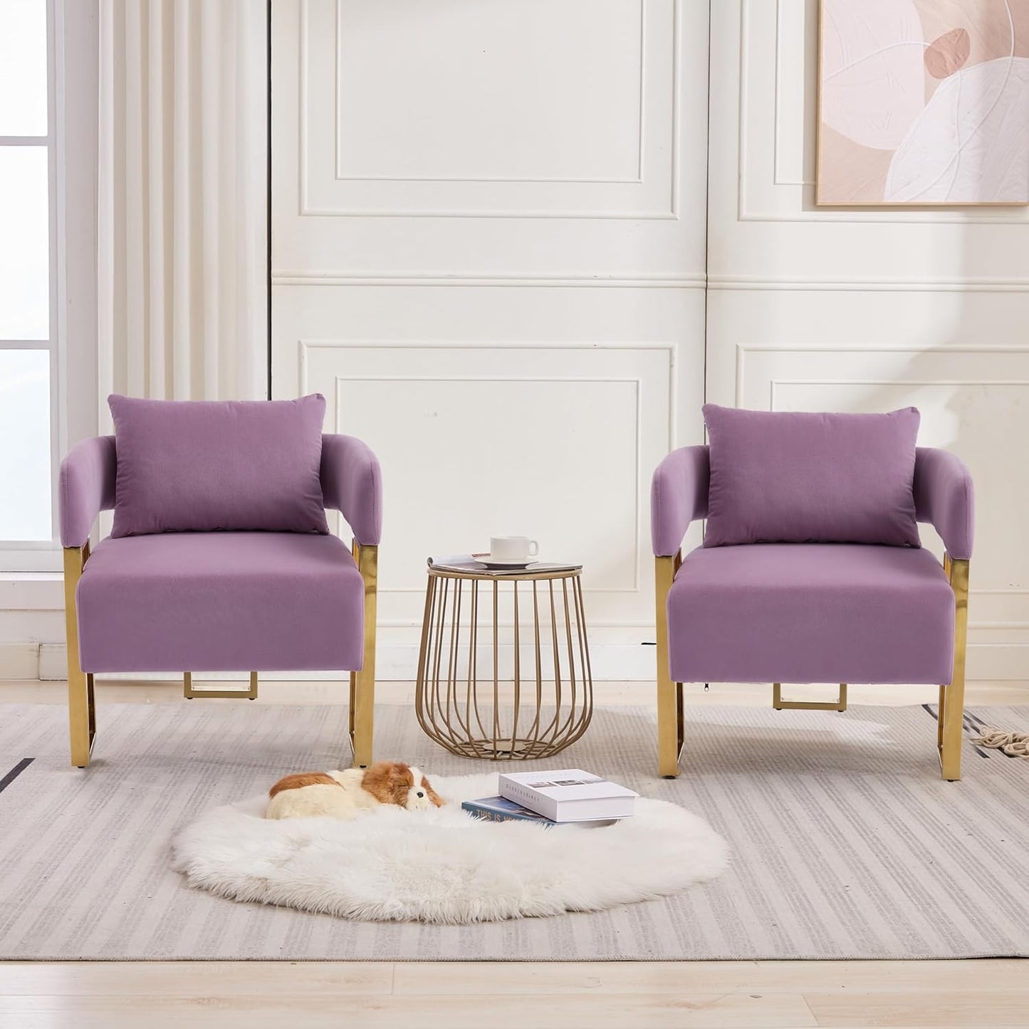 Teddy Velvet Sofa with Square Legs and Gold Feet Suitable for Decorative Chair in Living Room Reading Chair Medieval Modern Sofa Chair with Pillows(Pink Teddy Velvet 2PC)