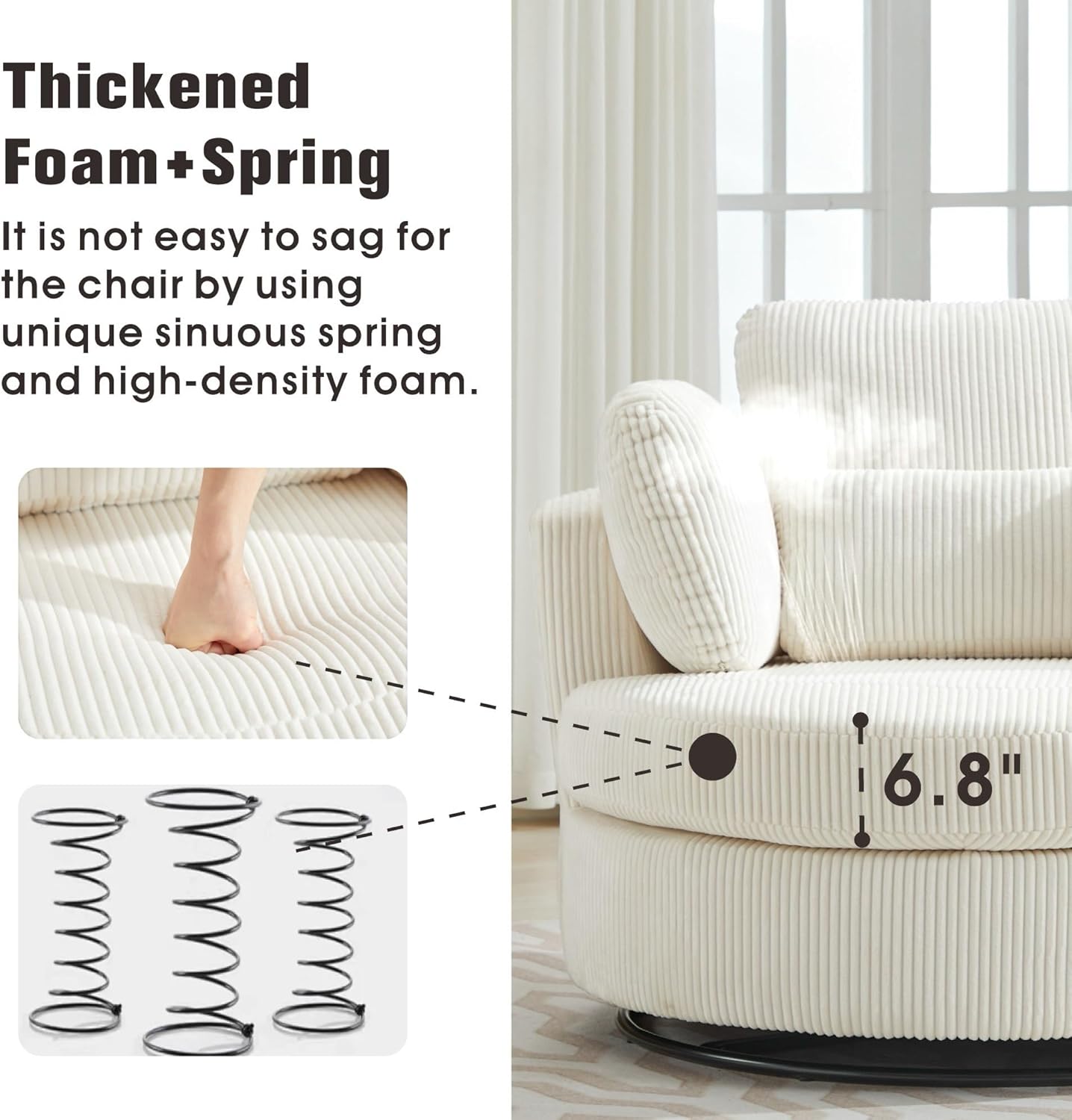 Sinzho & Wiyfun 42" Oversized Swivel Accent Chair Upholstered Striped Corduroy Large Round Barrel Chair with 4 Pillows for Living Room, Ivory