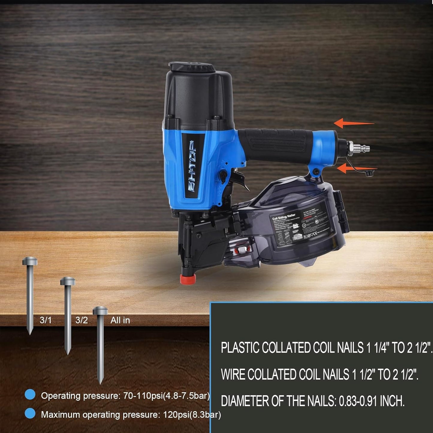 BHTOP Siding Nail Gun, 15-Degree Coil Siding Fencing Nailer, 1-1/2 inch to 2-1/2 Inch for Siding, Fiber Cement, Fencing, Cedar Shake
