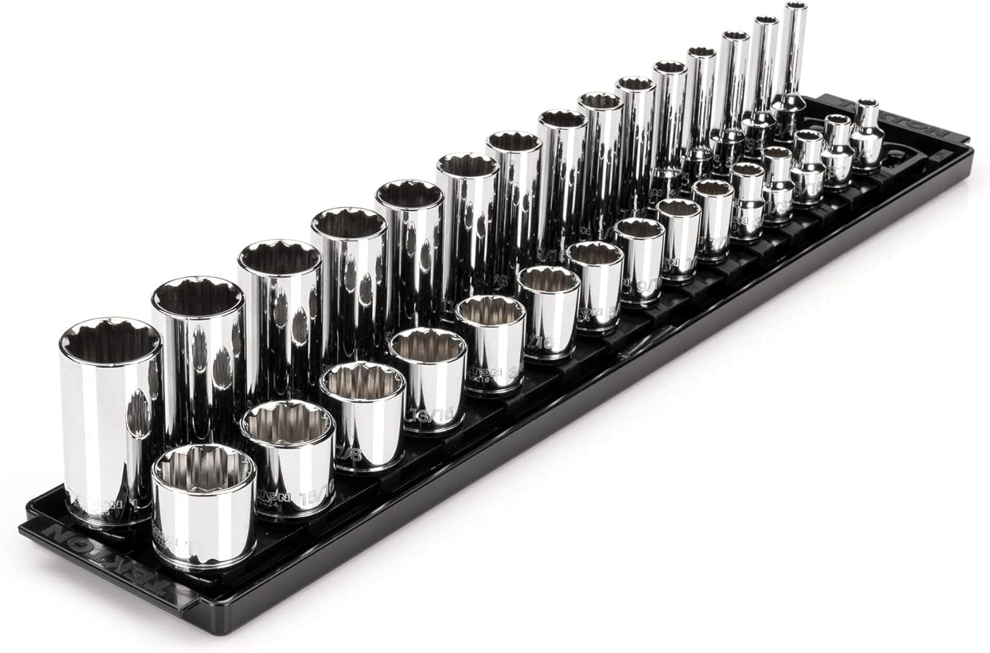 TEKTON 3/8 Inch Drive 12-Point Socket Set with Rails and Tray, 30-Piece (1/4-1 in.) | SHD91210